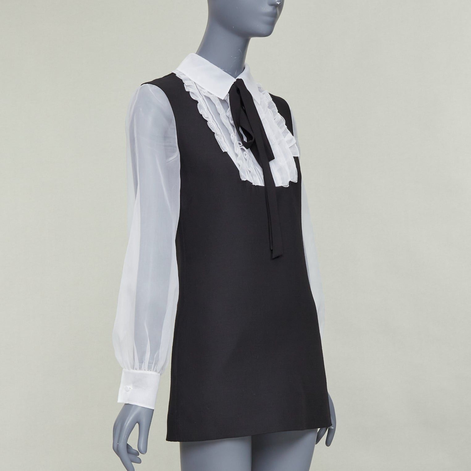 Valentino VALENTINO 2022 Crepe Couture black white wool silk ruffle bib neck tie mini dress IT38 XS Size XS / US 0-2 / IT 36-38 - 3 Thumbnail