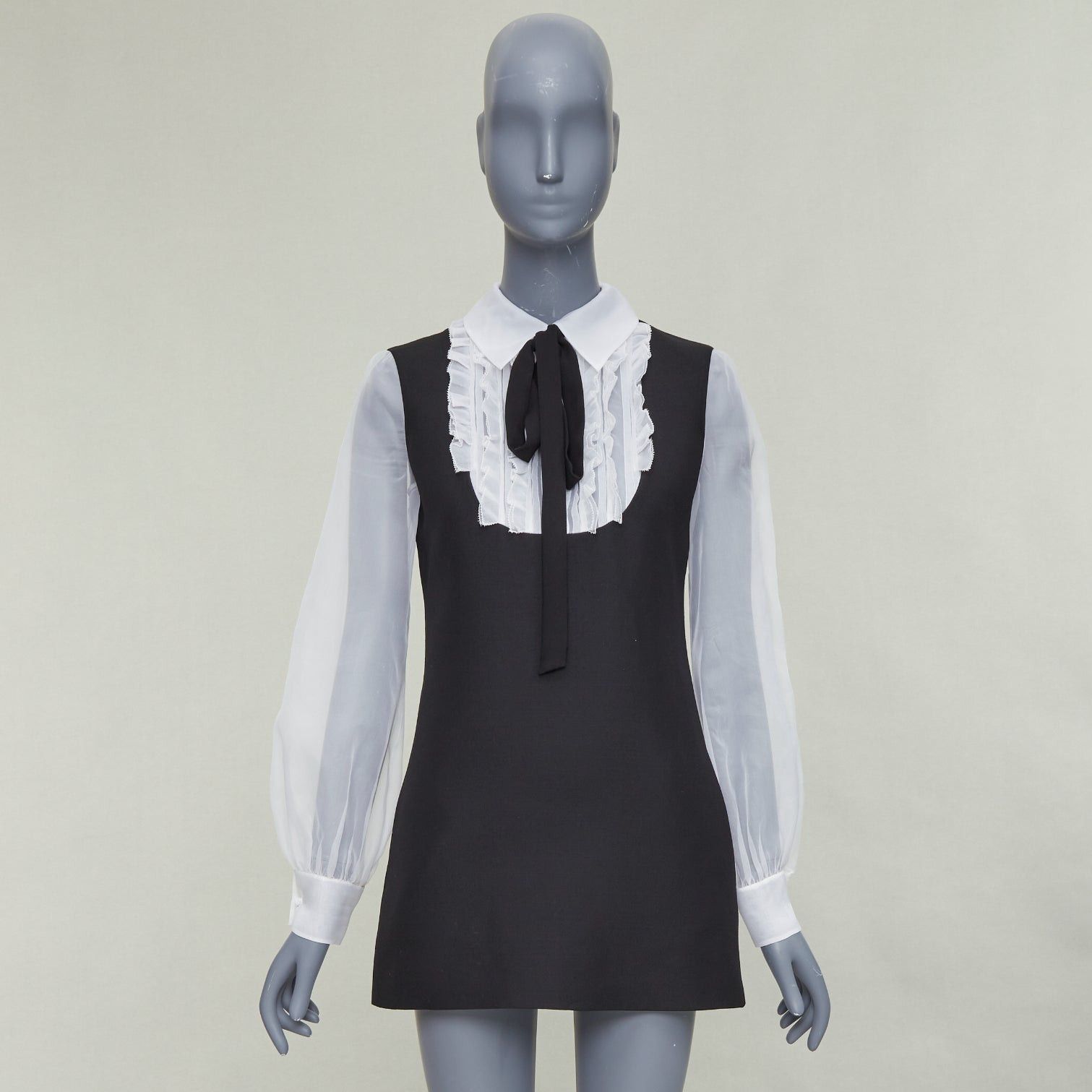 Valentino VALENTINO 2022 Crepe Couture black white wool silk ruffle bib neck tie mini dress IT38 XS Size XS / US 0-2 / IT 36-38 - 9 Thumbnail