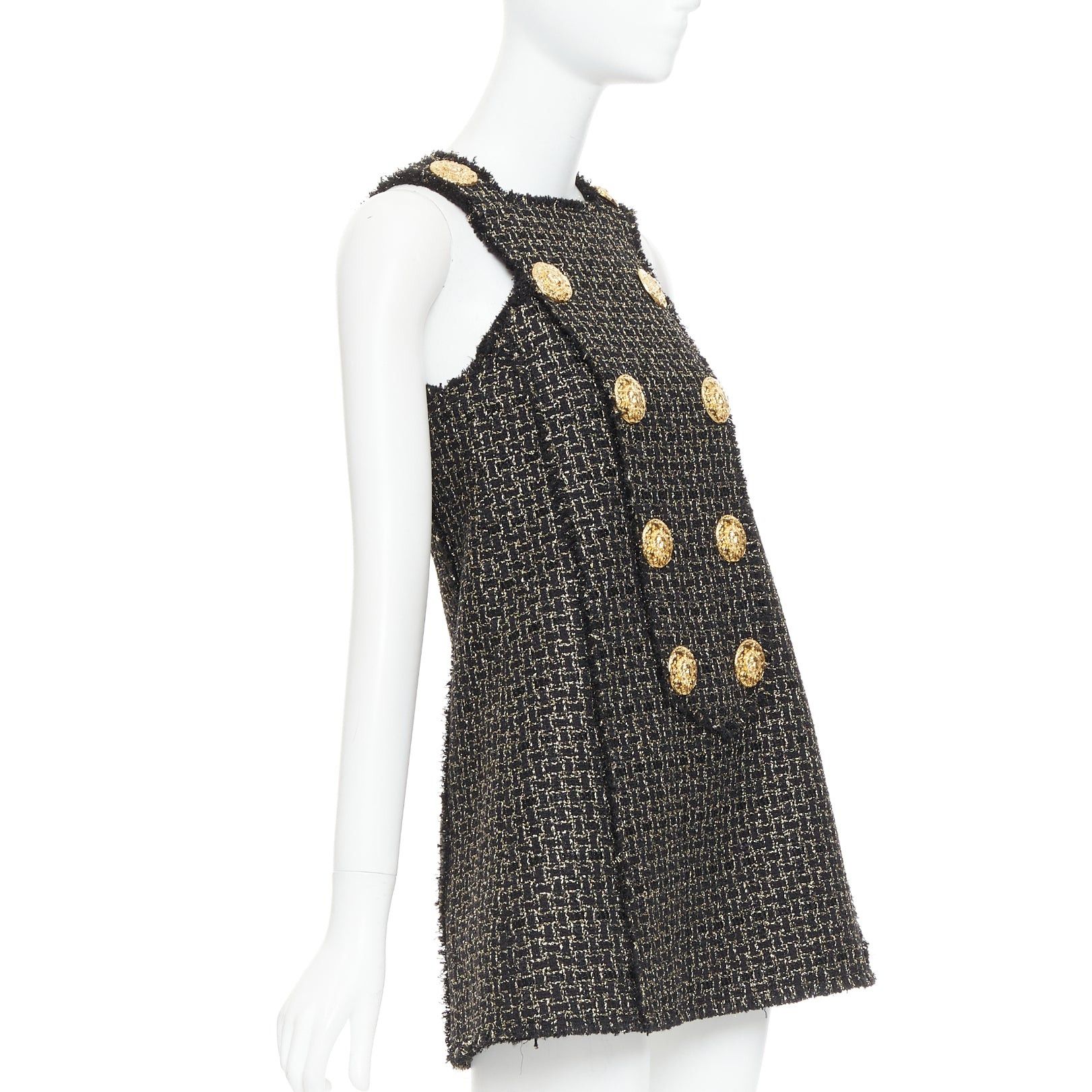 Balmain BALMAIN black gold Lion Heart metallic tweed Aline swing mini dress FR34 XS Size XS / US 0-2 / IT 36-38 - 3 Thumbnail