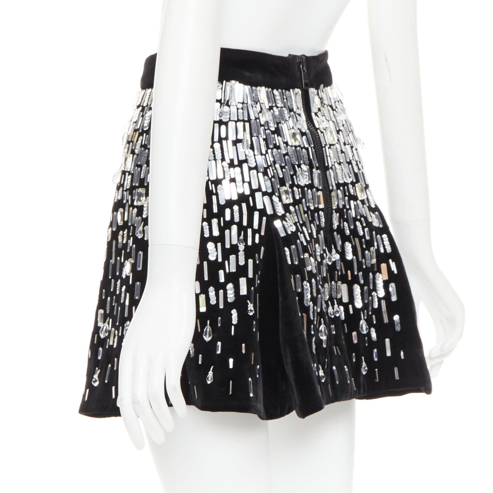 Balmain BALMAIN Embellished Skater black silver beads sequins flare mini skirt FR34 XS Size 26" / US 2 / IT 38 - 6 Thumbnail