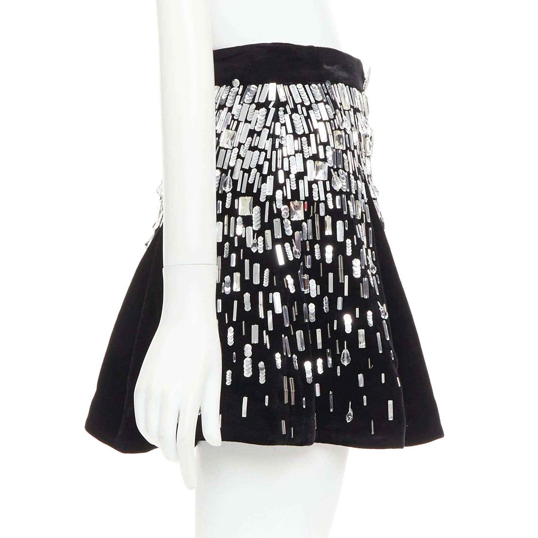 Balmain BALMAIN Embellished Skater black silver beads sequins flare mini skirt FR34 XS Size 26" / US 2 / IT 38 - 4 Thumbnail