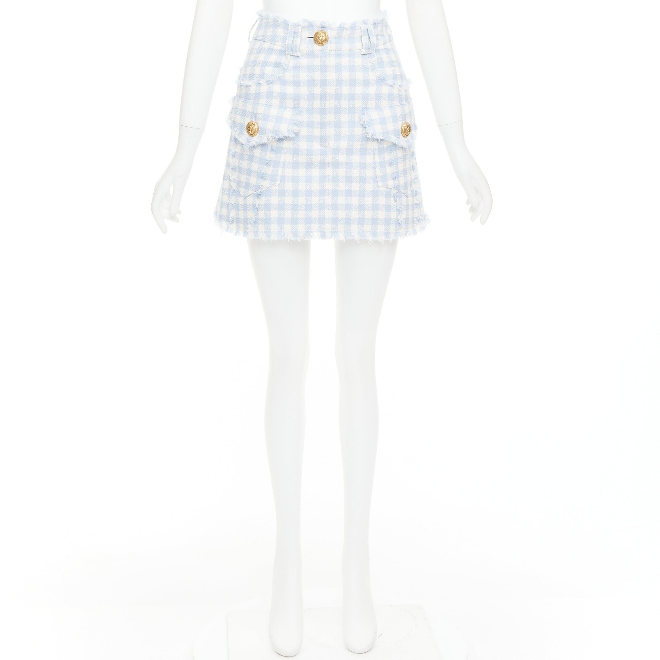 Balmain BALMAIN light blue white checked cotton tweed cargo pocket skirt FR34 XS Size 26" / US 2 / IT 38 - 9 Thumbnail