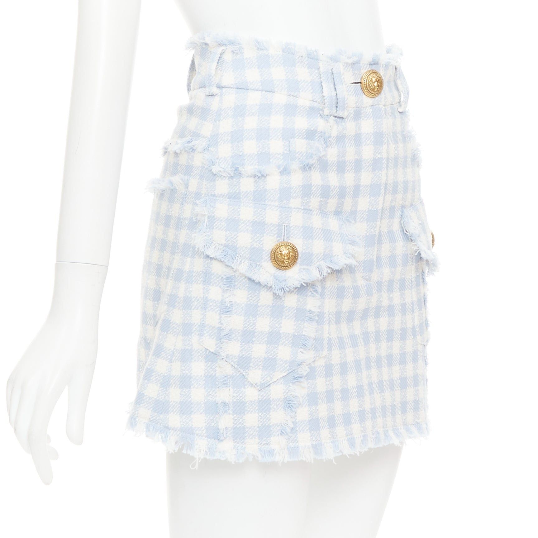 Balmain BALMAIN light blue white checked cotton tweed cargo pocket skirt FR34 XS Size 26" / US 2 / IT 38 - 3 Thumbnail