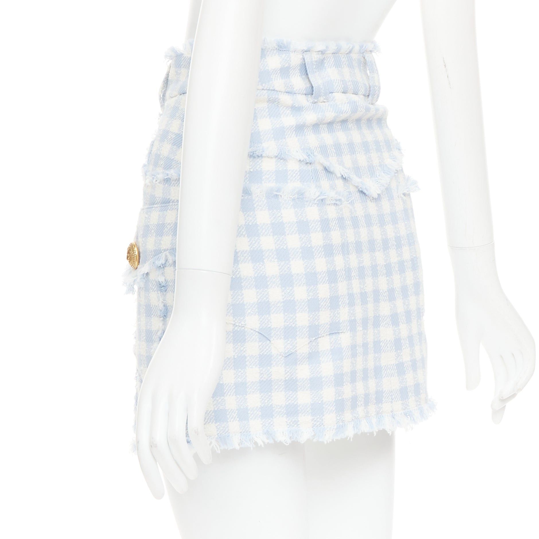 Balmain BALMAIN light blue white checked cotton tweed cargo pocket skirt FR34 XS Size 26" / US 2 / IT 38 - 6 Thumbnail