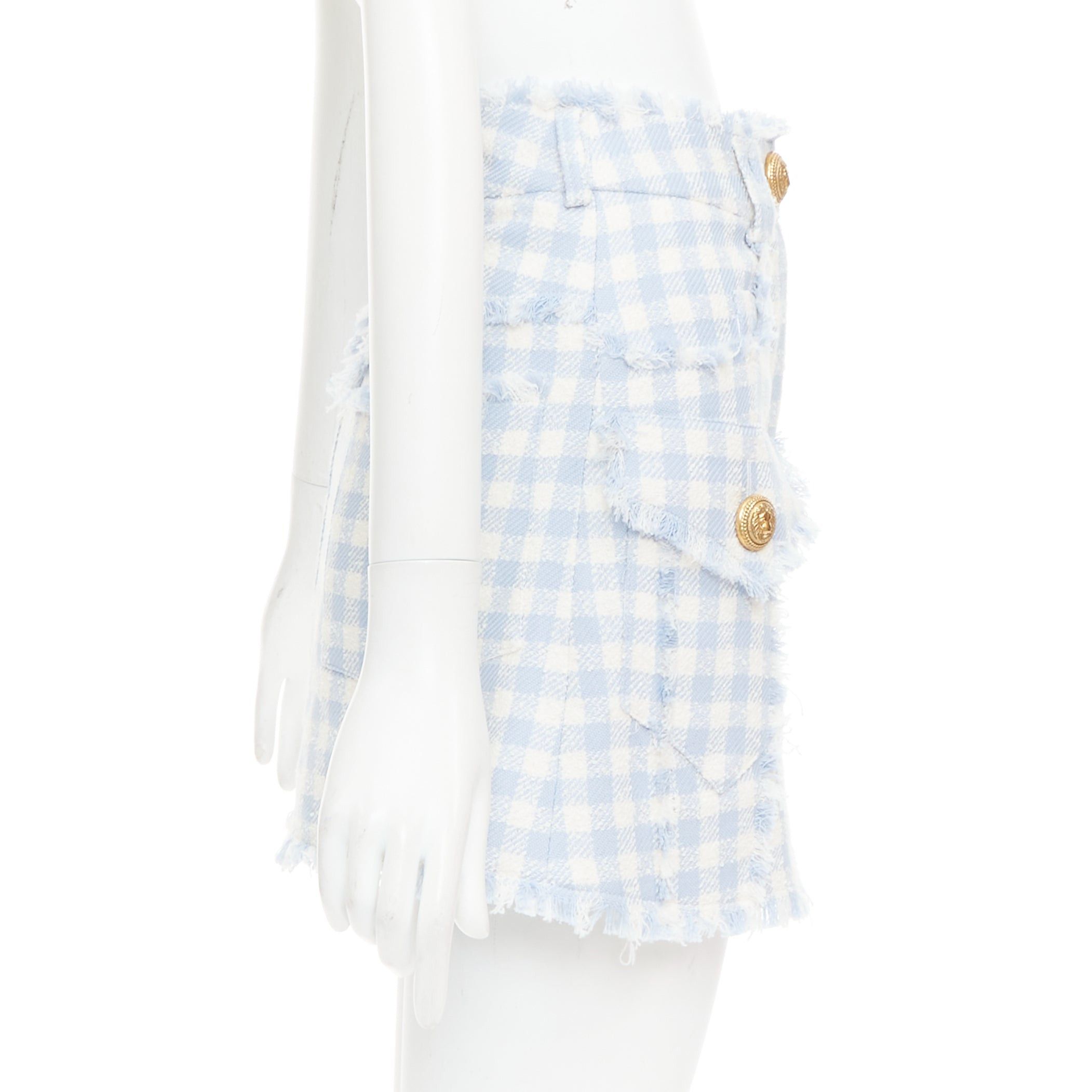 Balmain BALMAIN light blue white checked cotton tweed cargo pocket skirt FR34 XS Size 26" / US 2 / IT 38 - 4 Thumbnail