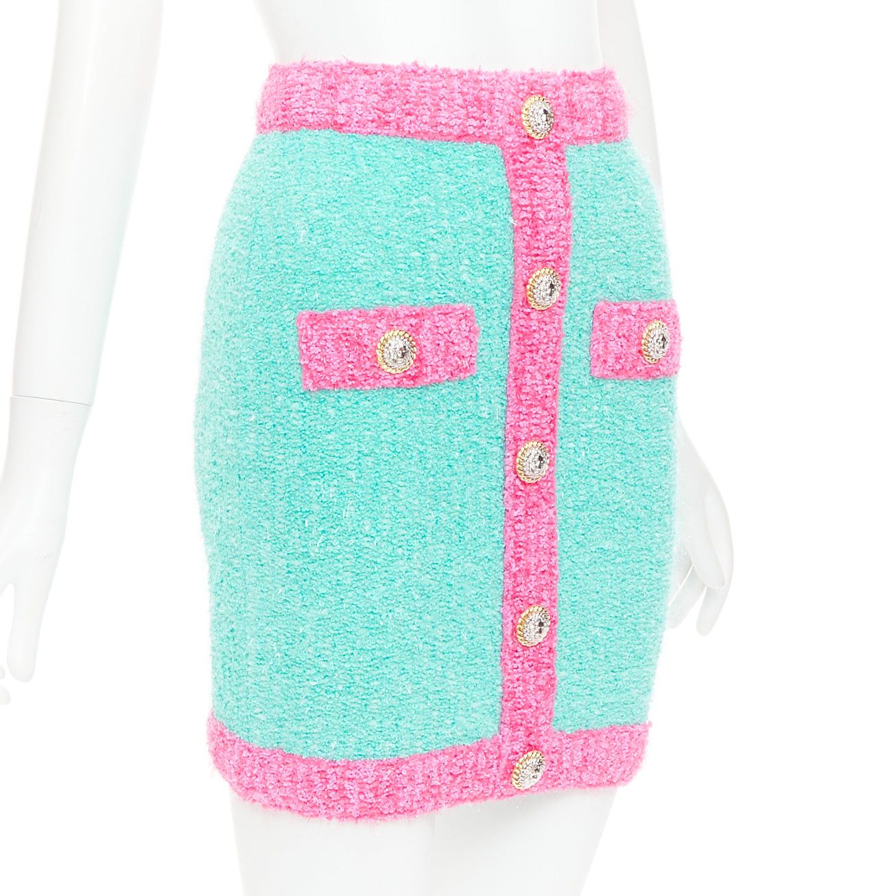 Balmain BALMAIN turquoise pink gold button embellished boucle skirt FR34 XS Size 26" / US 2 / IT 38 - 3 Thumbnail