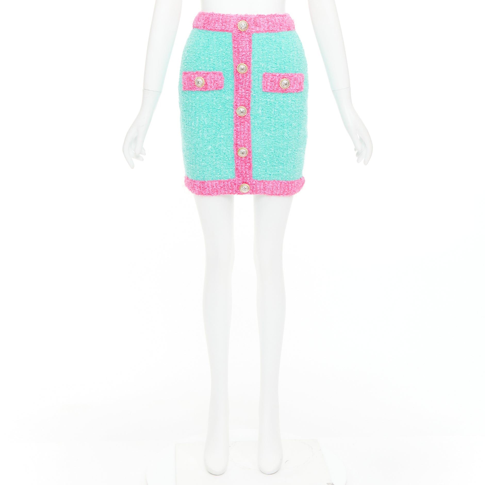 Balmain BALMAIN turquoise pink gold button embellished boucle skirt FR34 XS Size 26" / US 2 / IT 38 - 9 Thumbnail