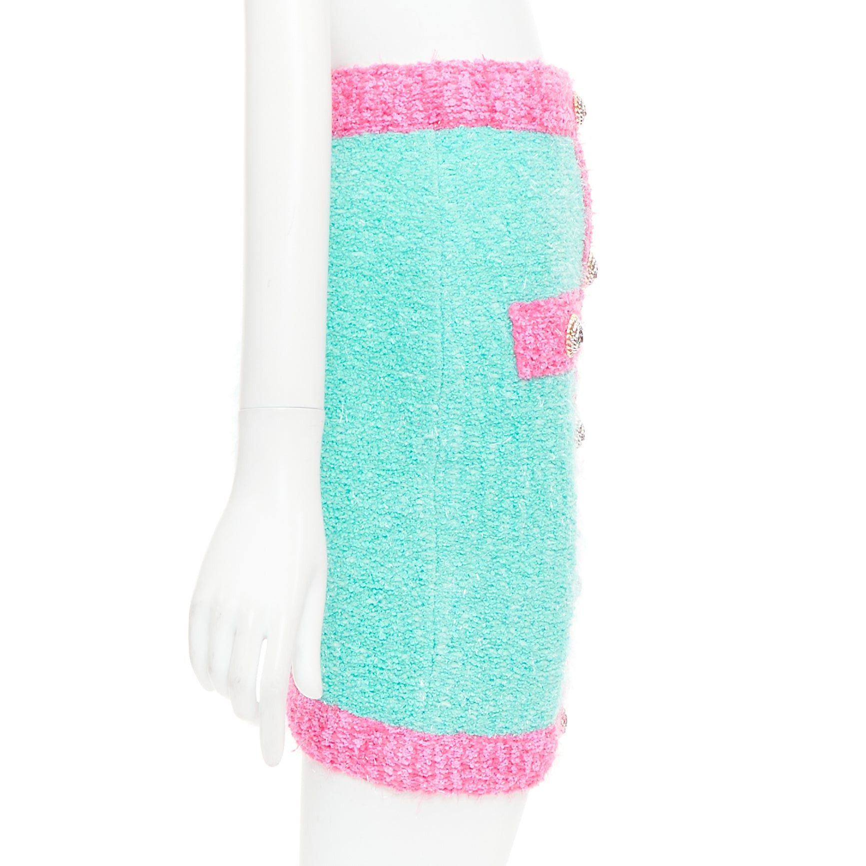 Balmain BALMAIN turquoise pink gold button embellished boucle skirt FR34 XS Size 26" / US 2 / IT 38 - 4 Thumbnail