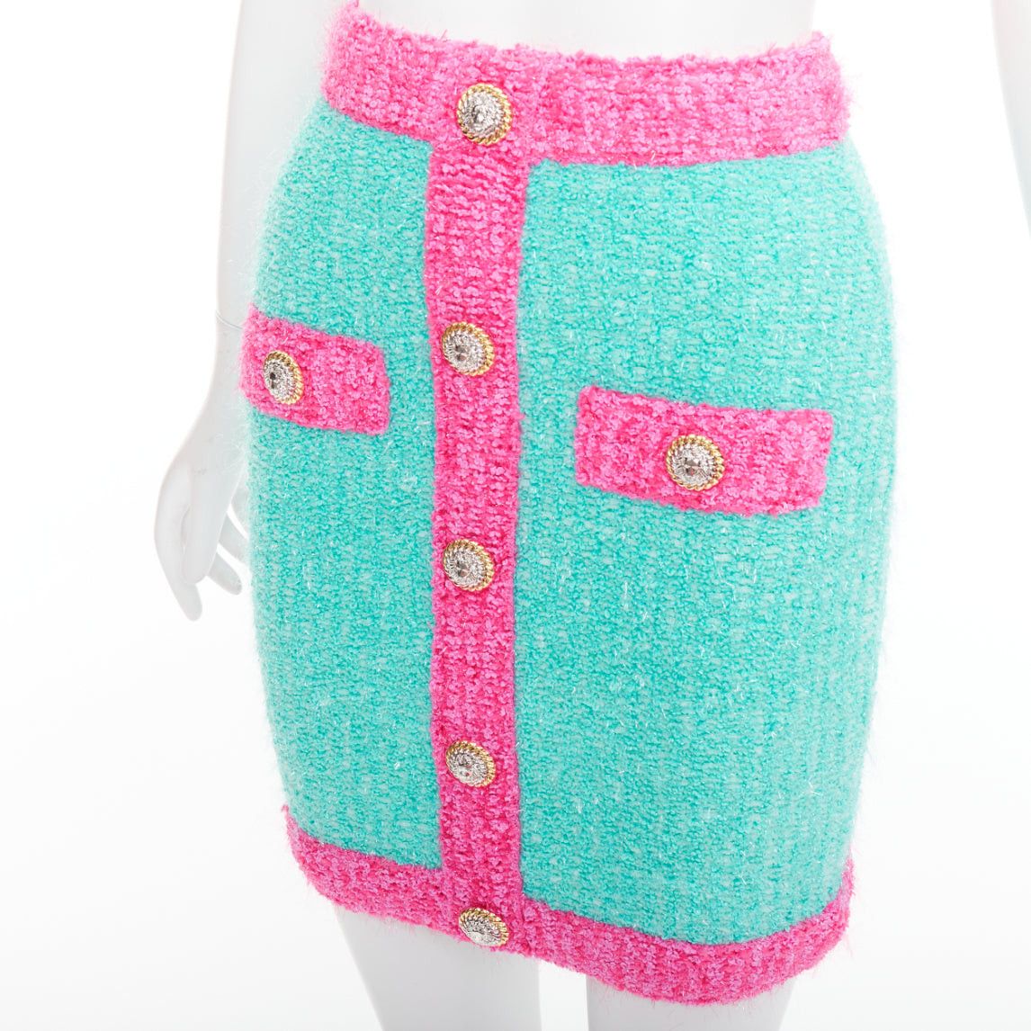 Balmain BALMAIN turquoise pink gold button embellished boucle skirt FR34 XS Size 26" / US 2 / IT 38 - 7 Thumbnail