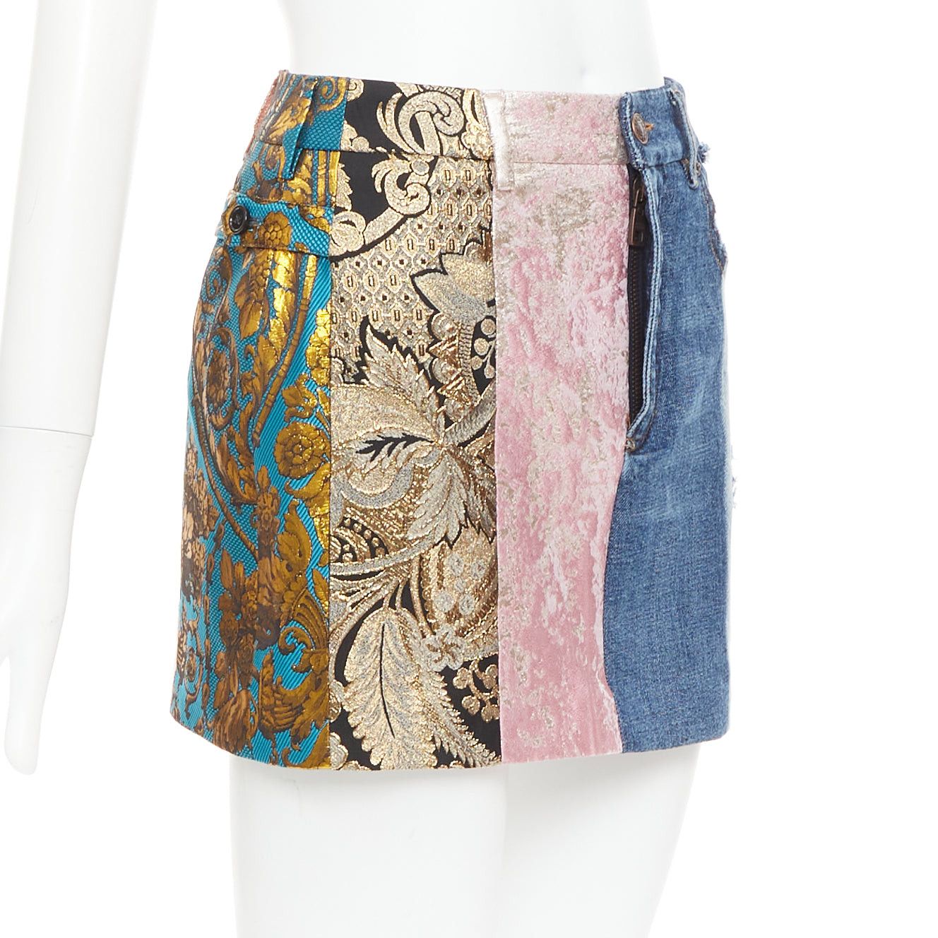 Dolce & Gabbana DOLCE GABBANA Denim Minirock gold blue jacquard patchwork mini skirt IT38 XS Size 26" / US 2 / IT 38 - 2 Thumbnail