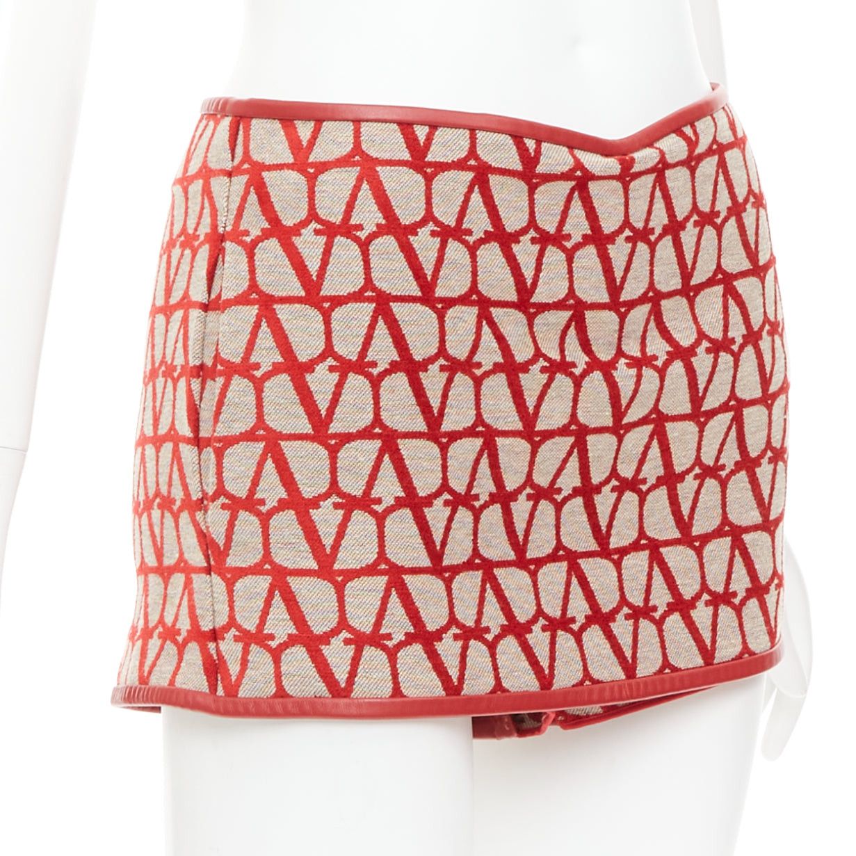 Valentino VALENTINO Toile Iconographe red beige logo leather trim mini skort IT38 XS Size 26" / US 2 / IT 38 - 3 Thumbnail