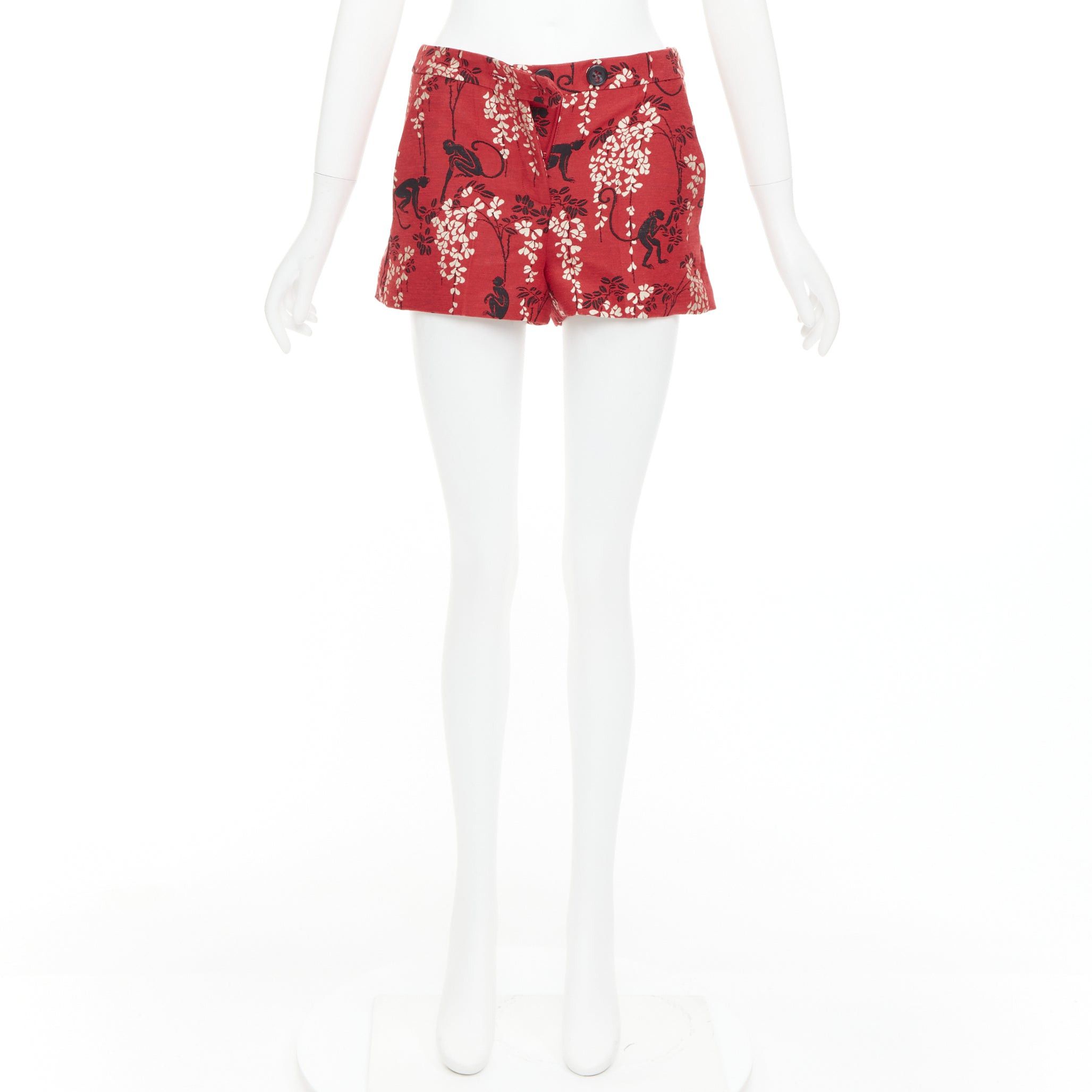 RED Valentino RED VALENTINO red monkey floral cotton blend jacquard mini shorts IT38 XS Size 26" / US 2 / IT 38 - 9 Thumbnail