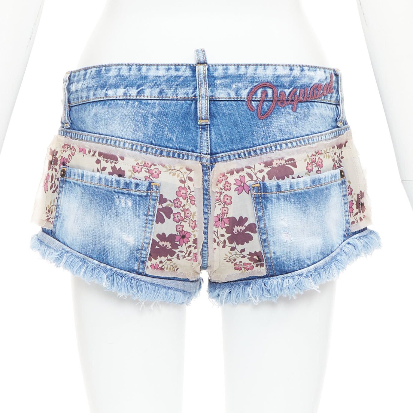 Dsquared2 DSQUARED2 pink floral patch blue denim logo cut off mini shorts IT38 XS Size 26" / US 2 / IT 38 - 5 Thumbnail