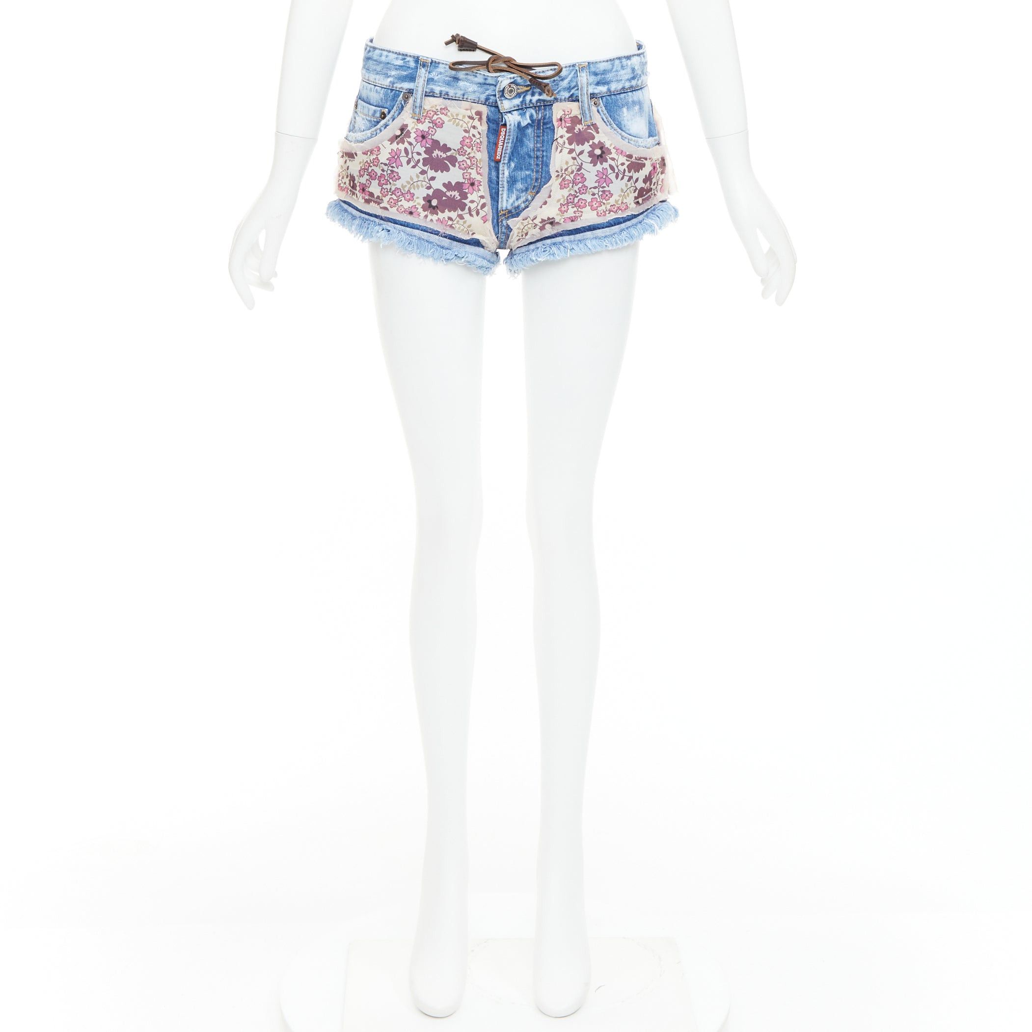 Dsquared2 DSQUARED2 pink floral patch blue denim logo cut off mini shorts IT38 XS Size 26" / US 2 / IT 38 - 9 Thumbnail