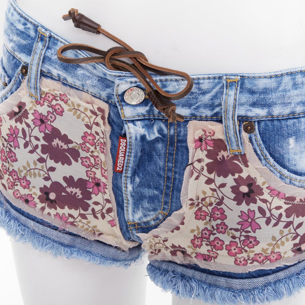 Dsquared2 DSQUARED2 pink floral patch blue denim logo cut off mini shorts IT38 XS Size 26" / US 2 / IT 38 - 7 Thumbnail