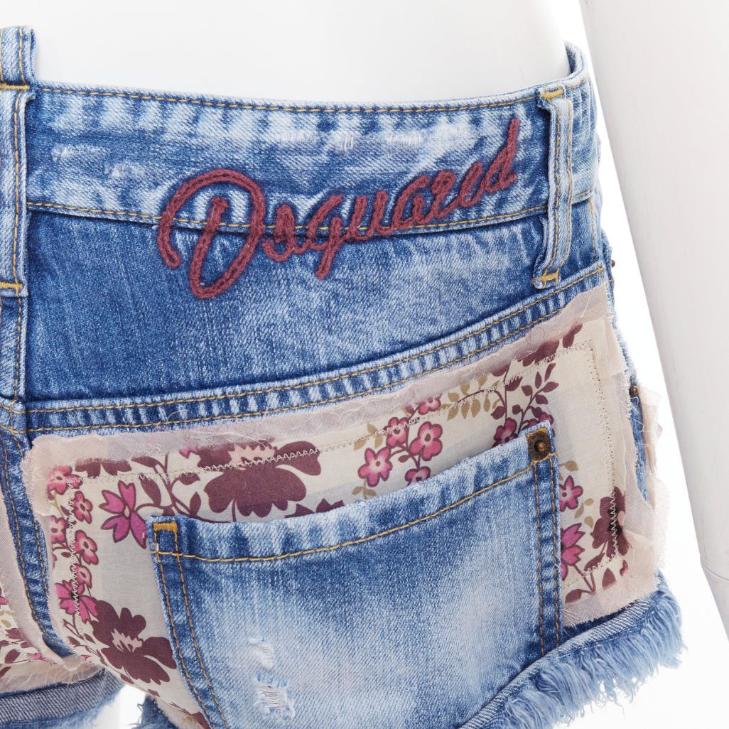 Dsquared2 DSQUARED2 pink floral patch blue denim logo cut off mini shorts IT38 XS Size 26" / US 2 / IT 38 - 2 Thumbnail