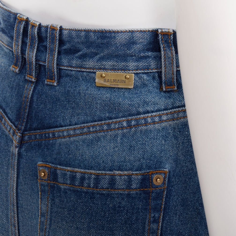 Balmain BALMAIN blue washed bronze logo buttons high waisted denim shorts FR34 XS Size 26" / US 2 / IT 38 - 2 Thumbnail