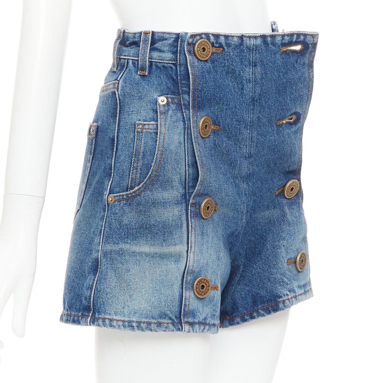 Balmain BALMAIN blue washed bronze logo buttons high waisted denim shorts FR34 XS Size 26" / US 2 / IT 38 - 3 Thumbnail