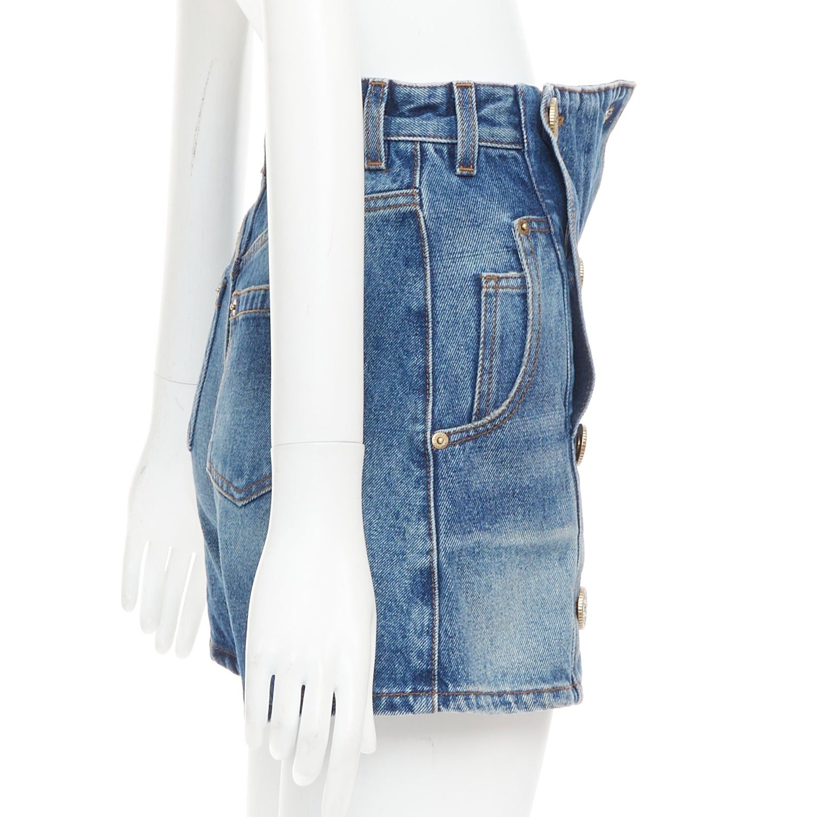Balmain BALMAIN blue washed bronze logo buttons high waisted denim shorts FR34 XS Size 26" / US 2 / IT 38 - 4 Thumbnail