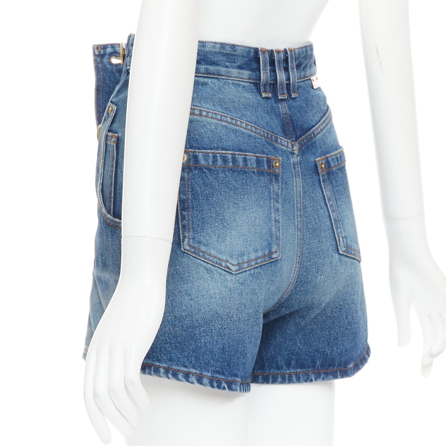 Balmain BALMAIN blue washed bronze logo buttons high waisted denim shorts FR34 XS Size 26" / US 2 / IT 38 - 6 Thumbnail