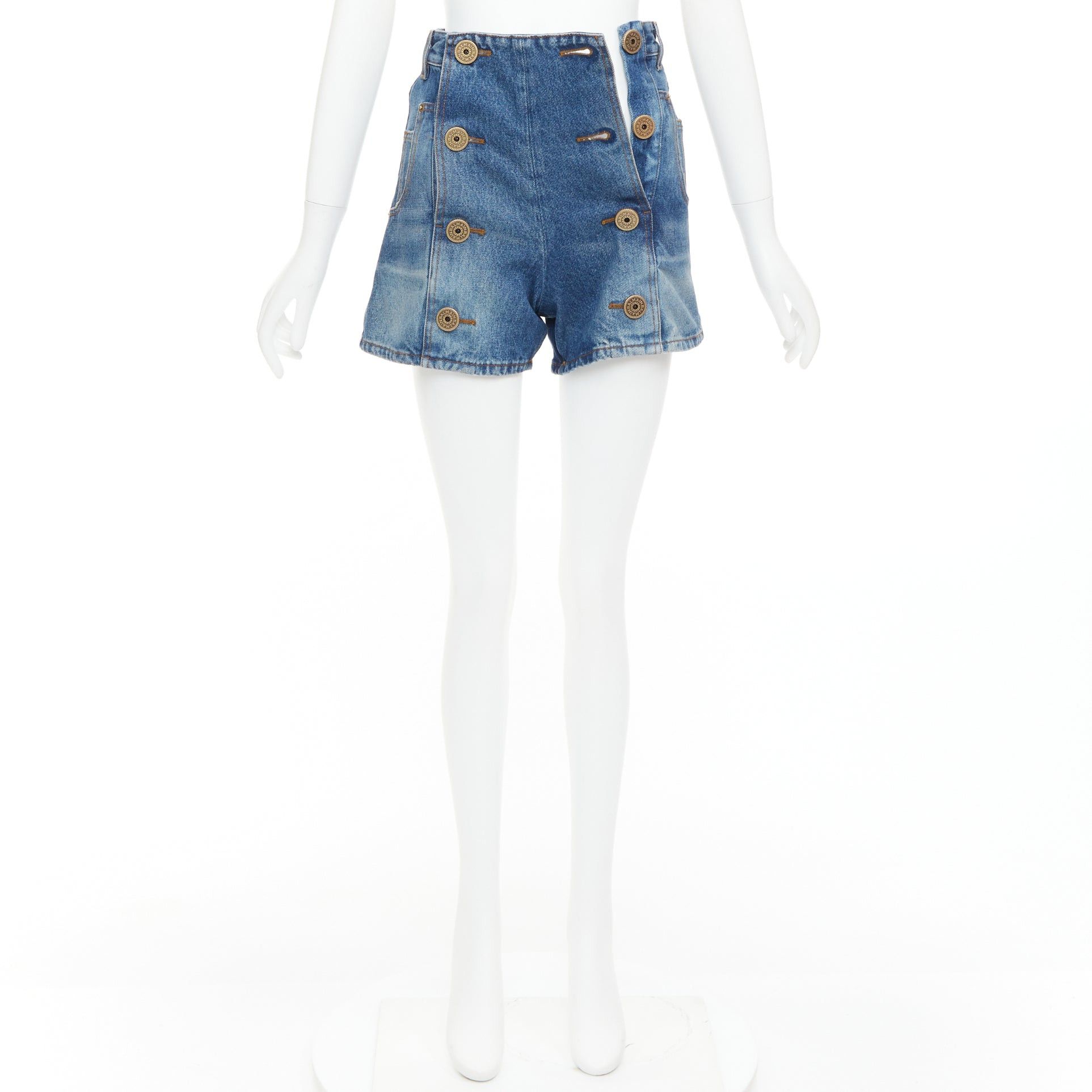 Balmain BALMAIN blue washed bronze logo buttons high waisted denim shorts FR34 XS Size 26" / US 2 / IT 38 - 9 Thumbnail