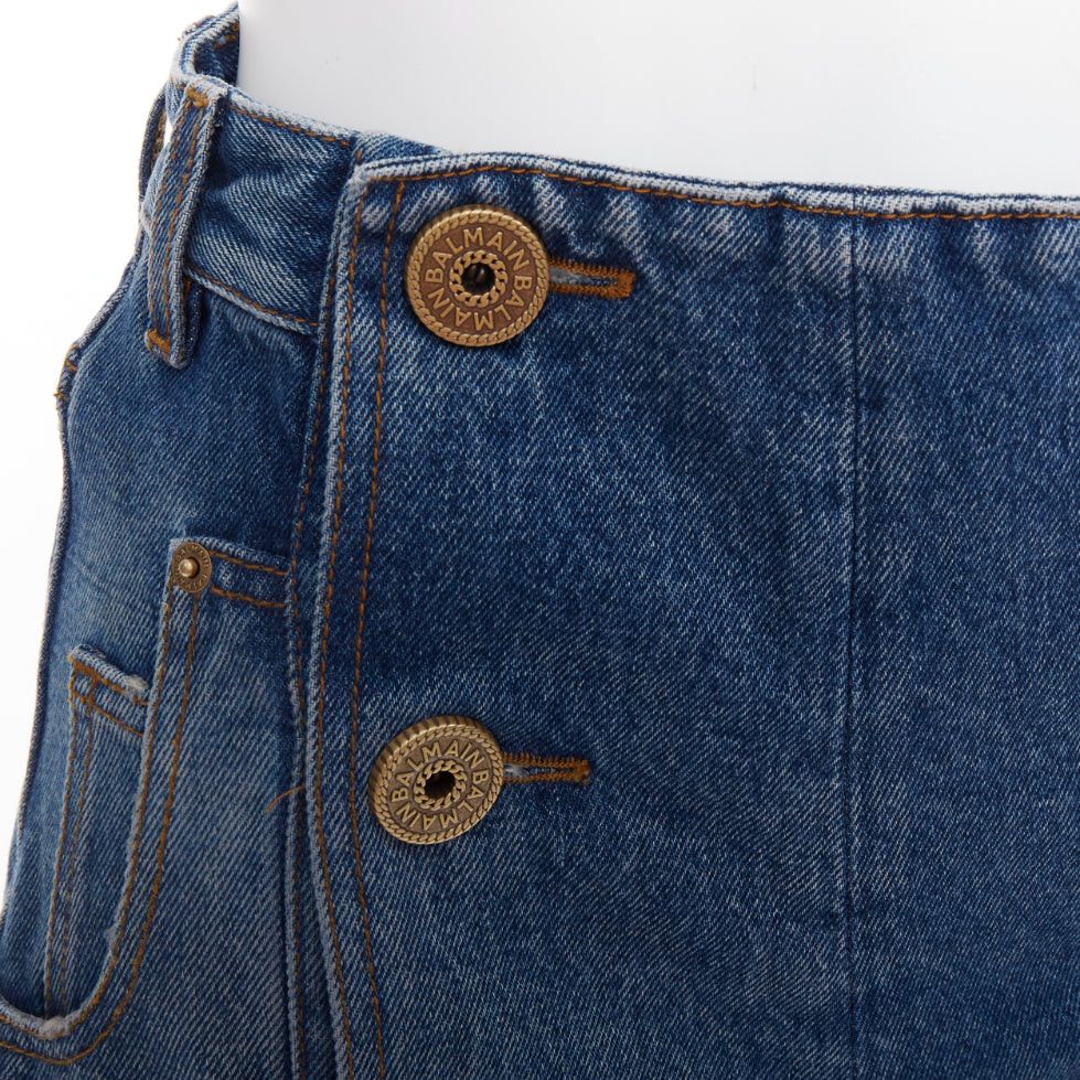 Balmain BALMAIN blue washed bronze logo buttons high waisted denim shorts FR34 XS Size 26" / US 2 / IT 38 - 7 Thumbnail