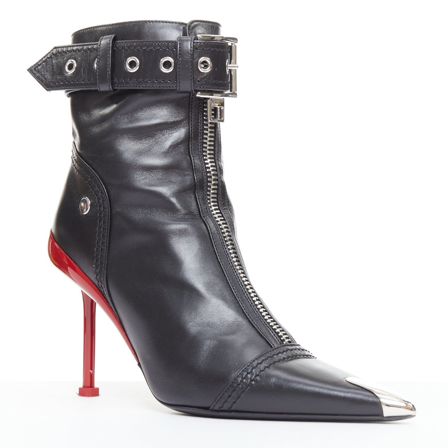 Alexander McQueen ALEXANDER MCQUEEN Slash black leather biker style red heeled boots EU39 Size US 9 / IT 39 - 2 Thumbnail