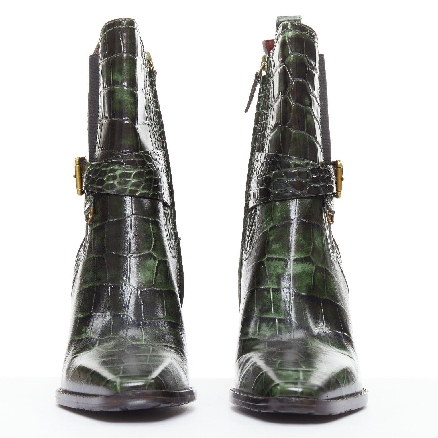 Sies Marjan SIES MARJAN 2025 Naomy green croco embossed leather gold buckle ankle boots EU39 Size US 9 / IT 39 - 3 Thumbnail