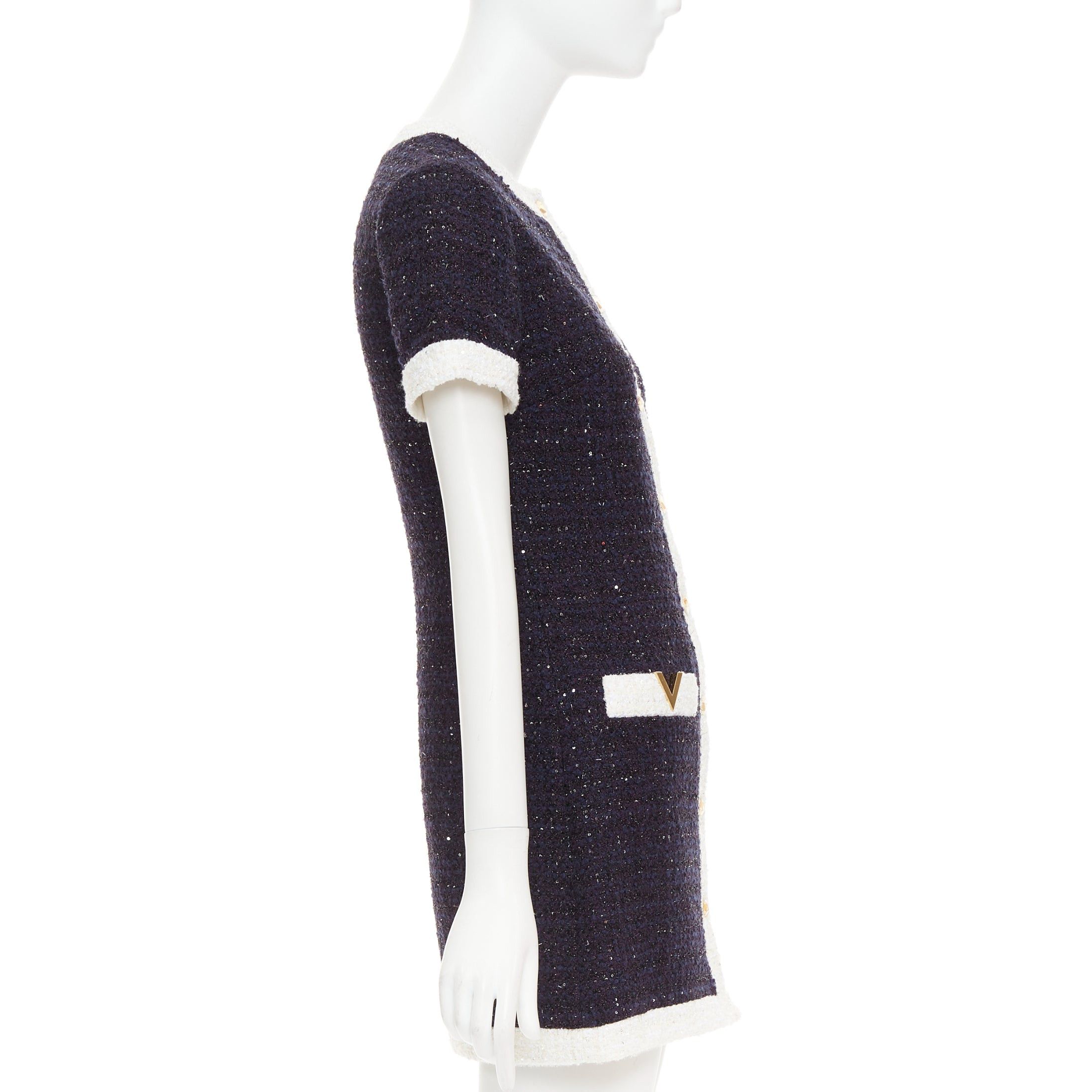 Valentino VALENTINO 2023 Retro Mini cream navy boucle tweed V logo mini dress IT38 XS Size XS / US 0-2 / IT 36-38 - 4 Thumbnail