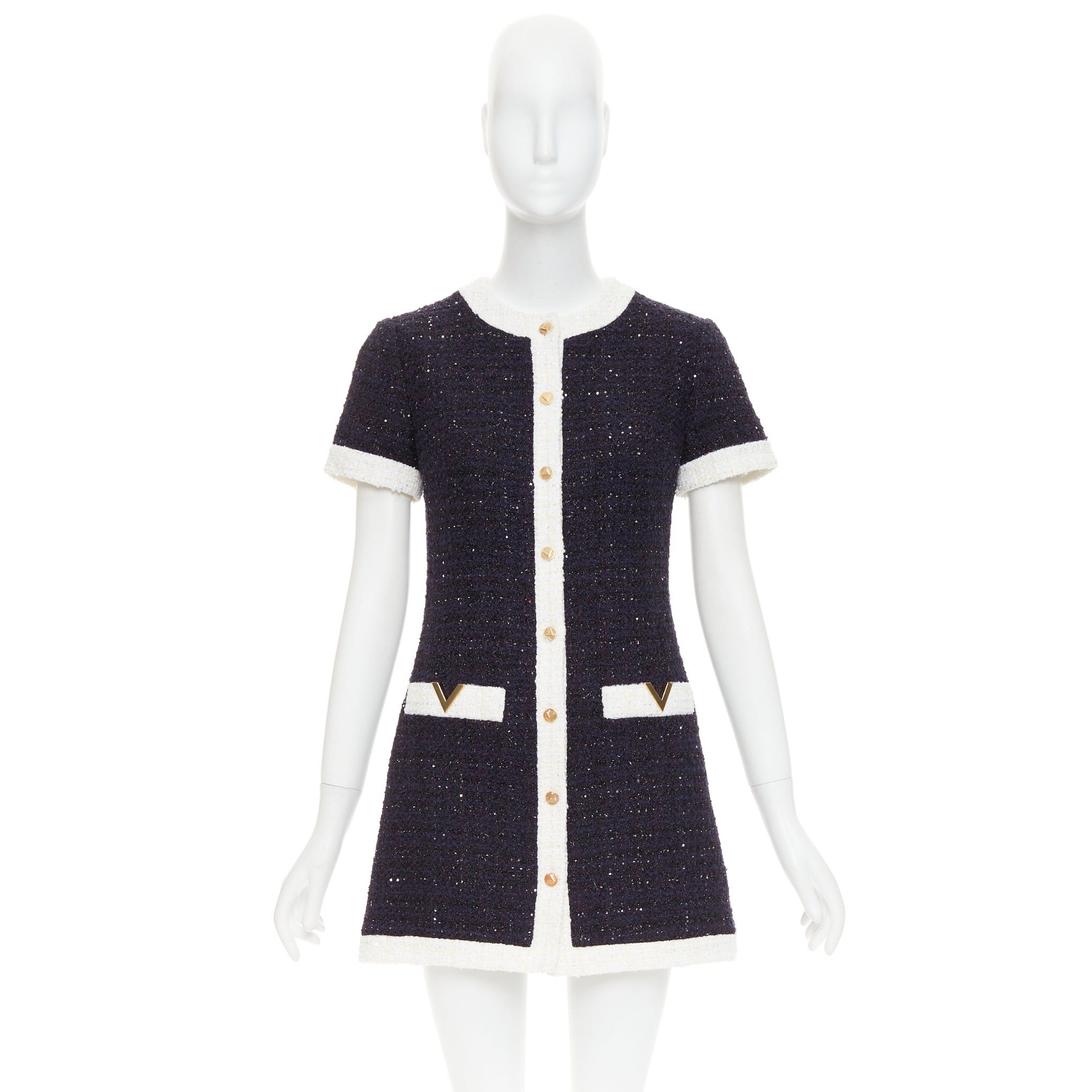 Valentino VALENTINO 2023 Retro Mini cream navy boucle tweed V logo mini dress IT38 XS Size XS / US 0-2 / IT 36-38 - 9 Thumbnail