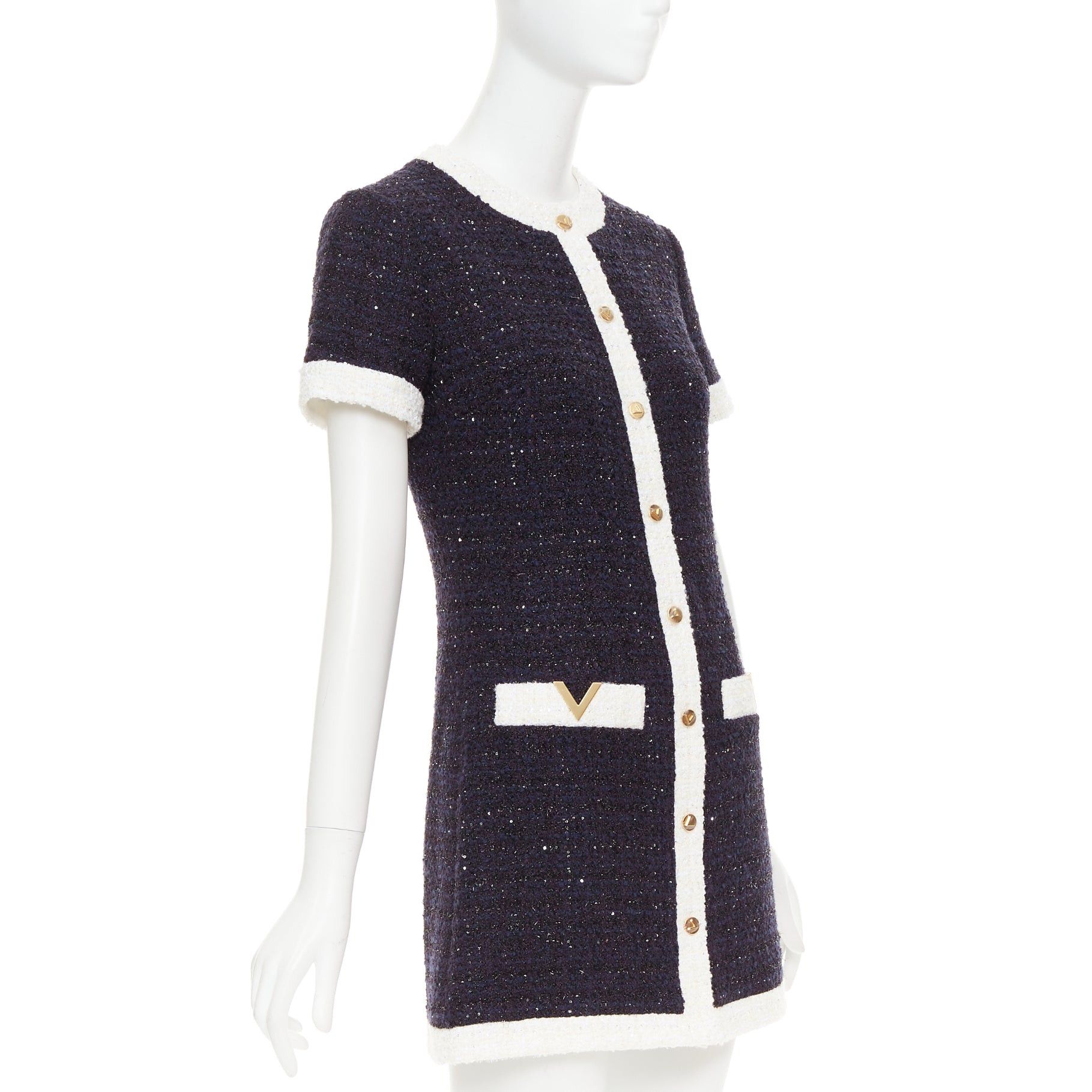 Valentino VALENTINO 2023 Retro Mini cream navy boucle tweed V logo mini dress IT38 XS Size XS / US 0-2 / IT 36-38 - 3 Thumbnail