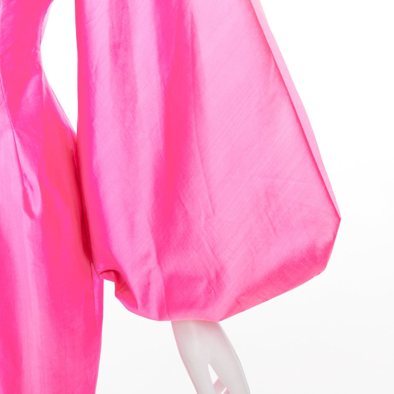 Other ROSARIO hot pink 100% silk shiny puff sleeves cinched waist midi dress FR36 S Size S / US 4 / IT 40 - 2 Thumbnail