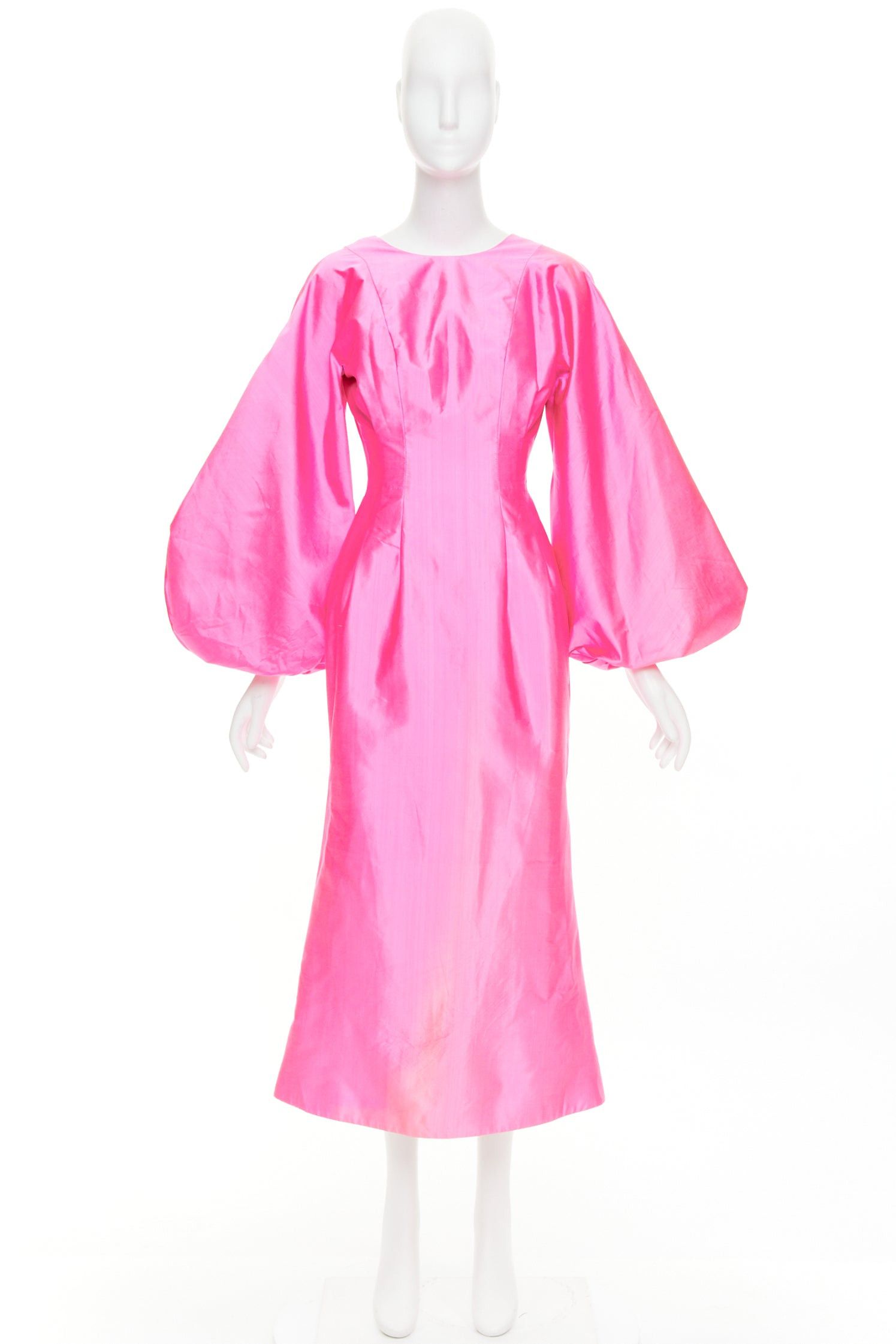 Other ROSARIO hot pink 100% silk shiny puff sleeves cinched waist midi dress FR36 S Size S / US 4 / IT 40 - 9 Thumbnail
