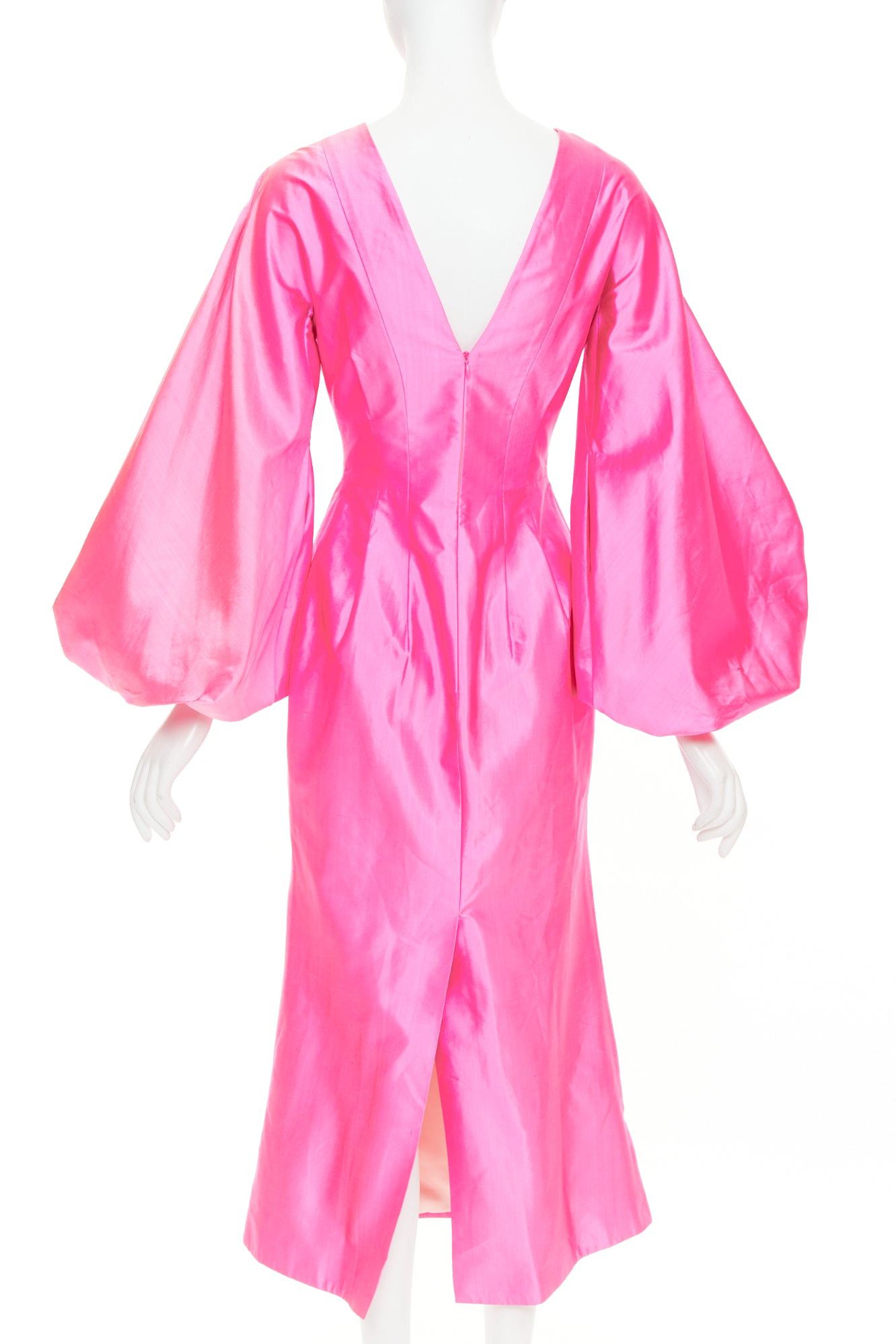 Other ROSARIO hot pink 100% silk shiny puff sleeves cinched waist midi dress FR36 S Size S / US 4 / IT 40 - 5 Thumbnail