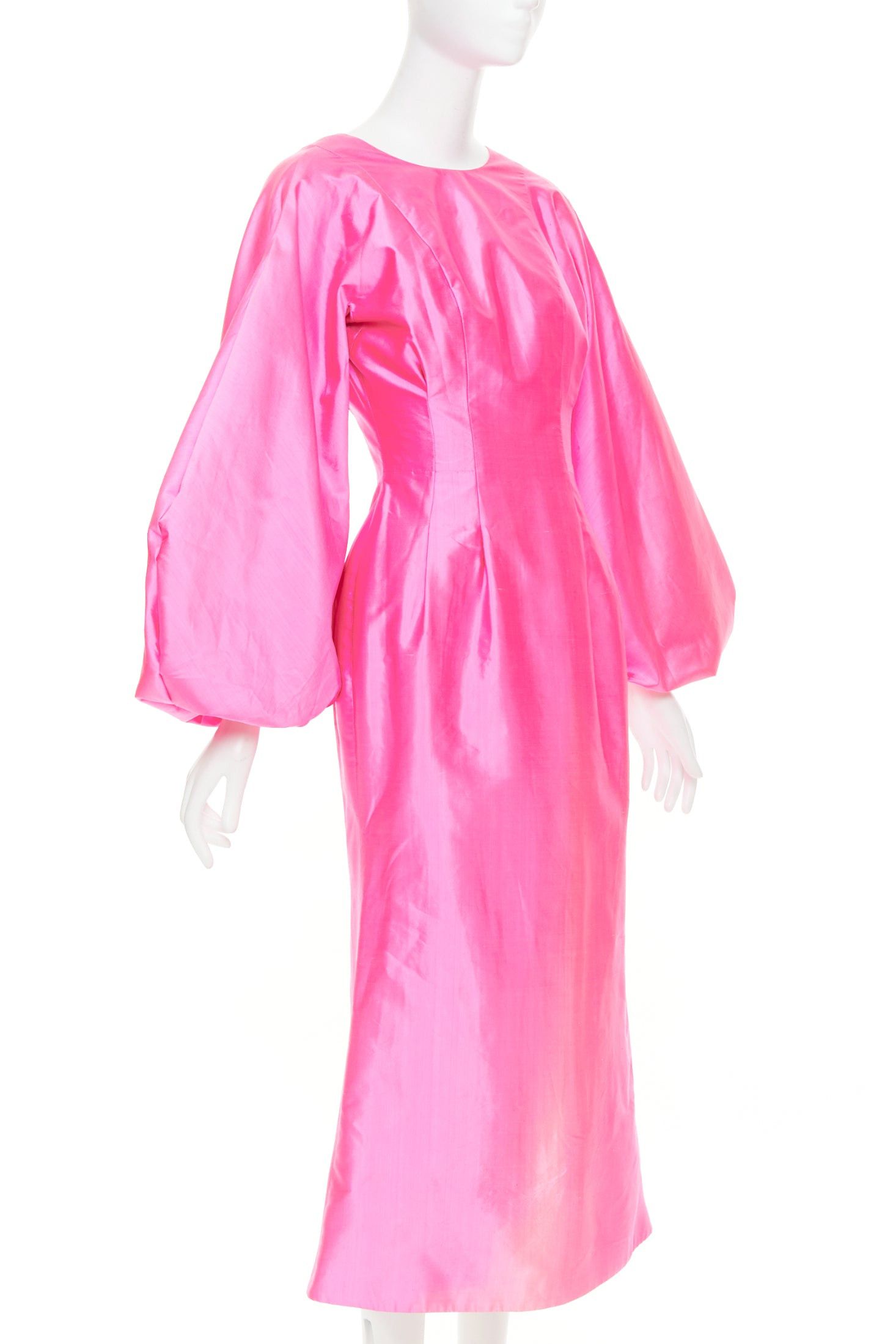 Other ROSARIO hot pink 100% silk shiny puff sleeves cinched waist midi dress FR36 S Size S / US 4 / IT 40 - 3 Thumbnail
