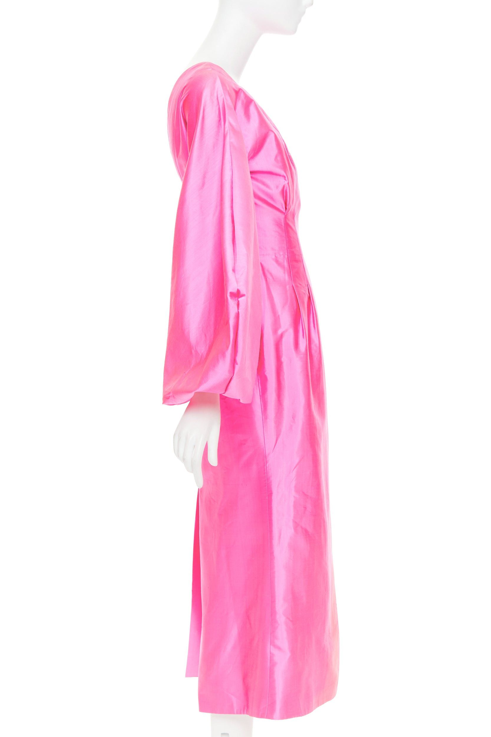 Other ROSARIO hot pink 100% silk shiny puff sleeves cinched waist midi dress FR36 S Size S / US 4 / IT 40 - 4 Thumbnail