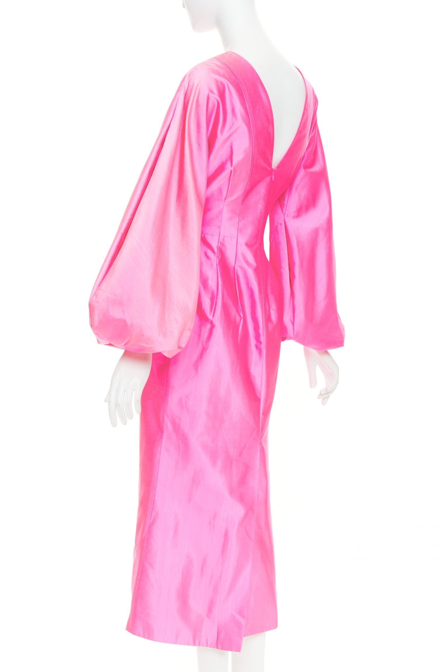 Other ROSARIO hot pink 100% silk shiny puff sleeves cinched waist midi dress FR36 S Size S / US 4 / IT 40 - 6 Thumbnail
