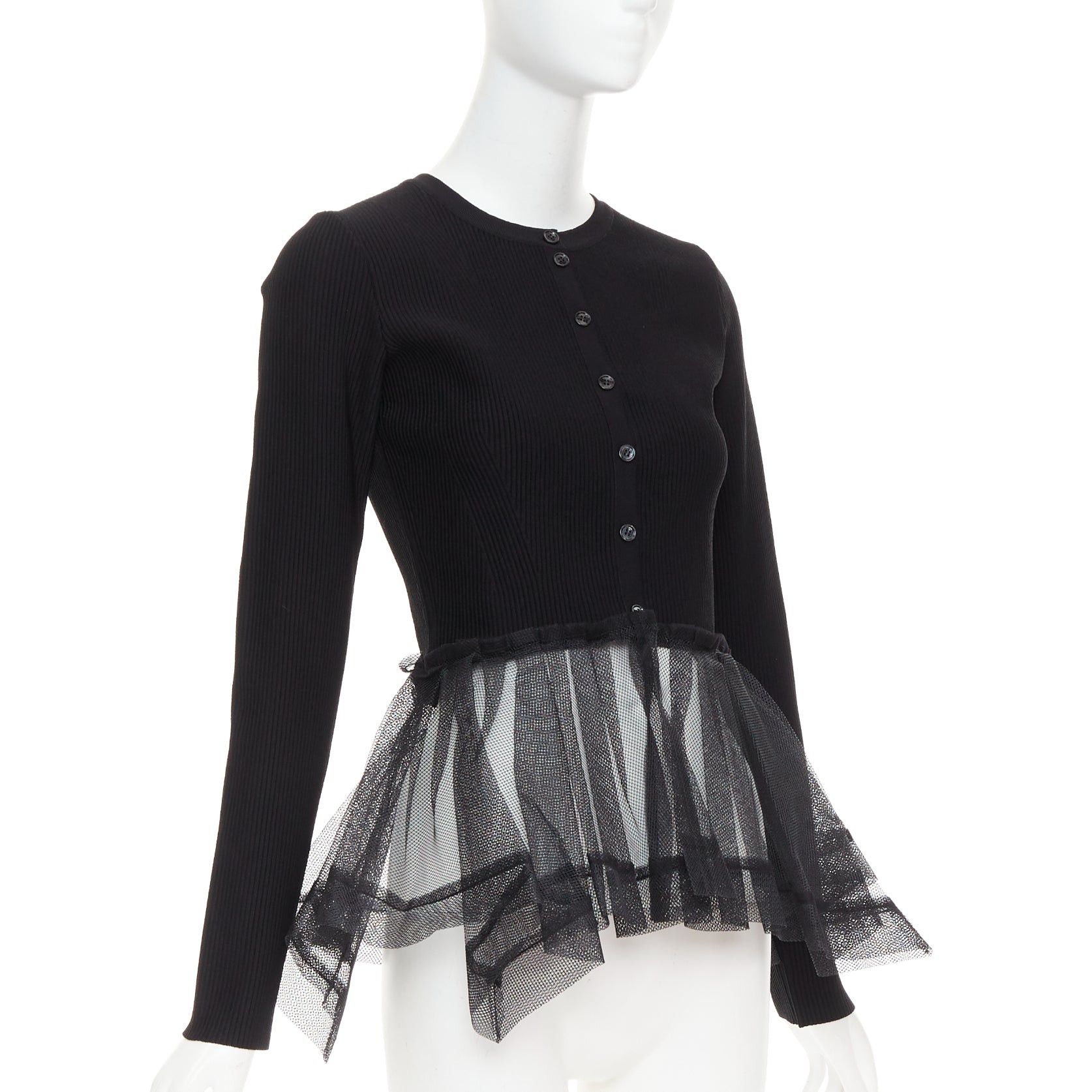 Alexander McQueen ALEXANDER MCQUEEN 2023 black ribbed stiff sheer tulle peplum cardigan sweater S Size S / US 4 / IT 40 - 3 Thumbnail