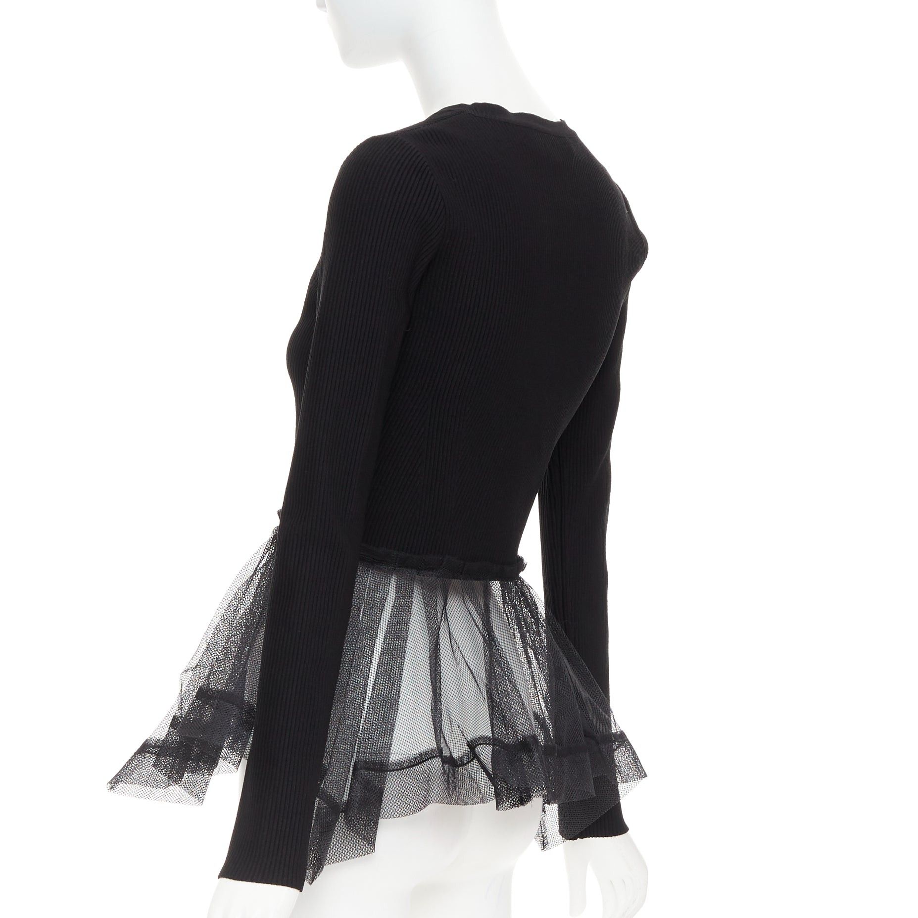 Alexander McQueen ALEXANDER MCQUEEN 2023 black ribbed stiff sheer tulle peplum cardigan sweater S Size S / US 4 / IT 40 - 6 Thumbnail