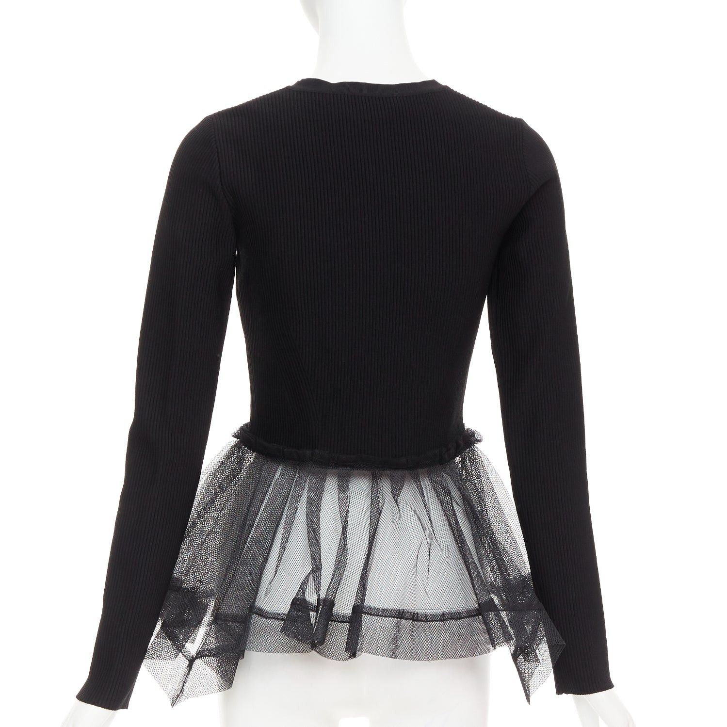 Alexander McQueen ALEXANDER MCQUEEN 2023 black ribbed stiff sheer tulle peplum cardigan sweater S Size S / US 4 / IT 40 - 5 Thumbnail