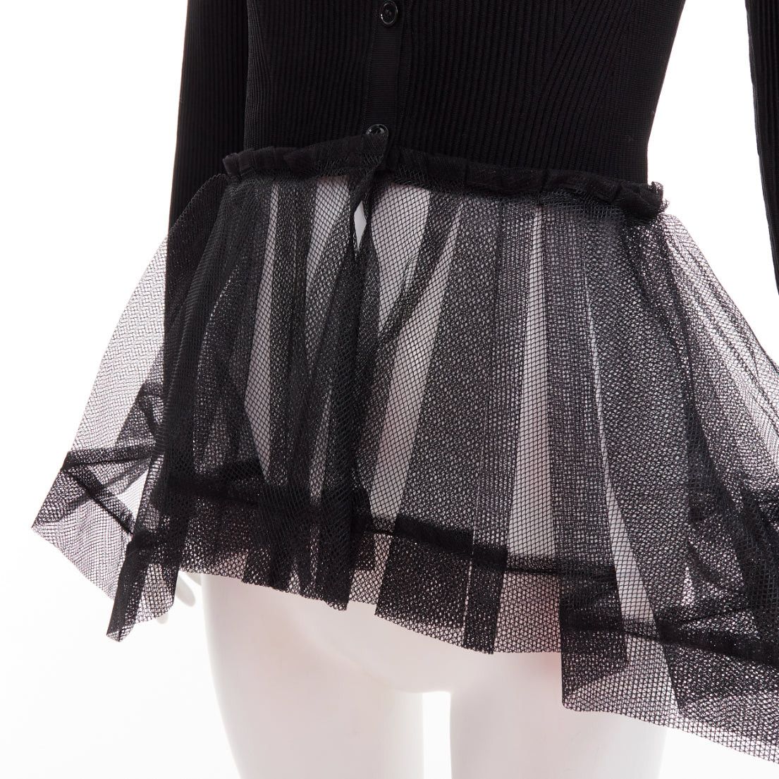 Alexander McQueen ALEXANDER MCQUEEN 2023 black ribbed stiff sheer tulle peplum cardigan sweater S Size S / US 4 / IT 40 - 2 Thumbnail