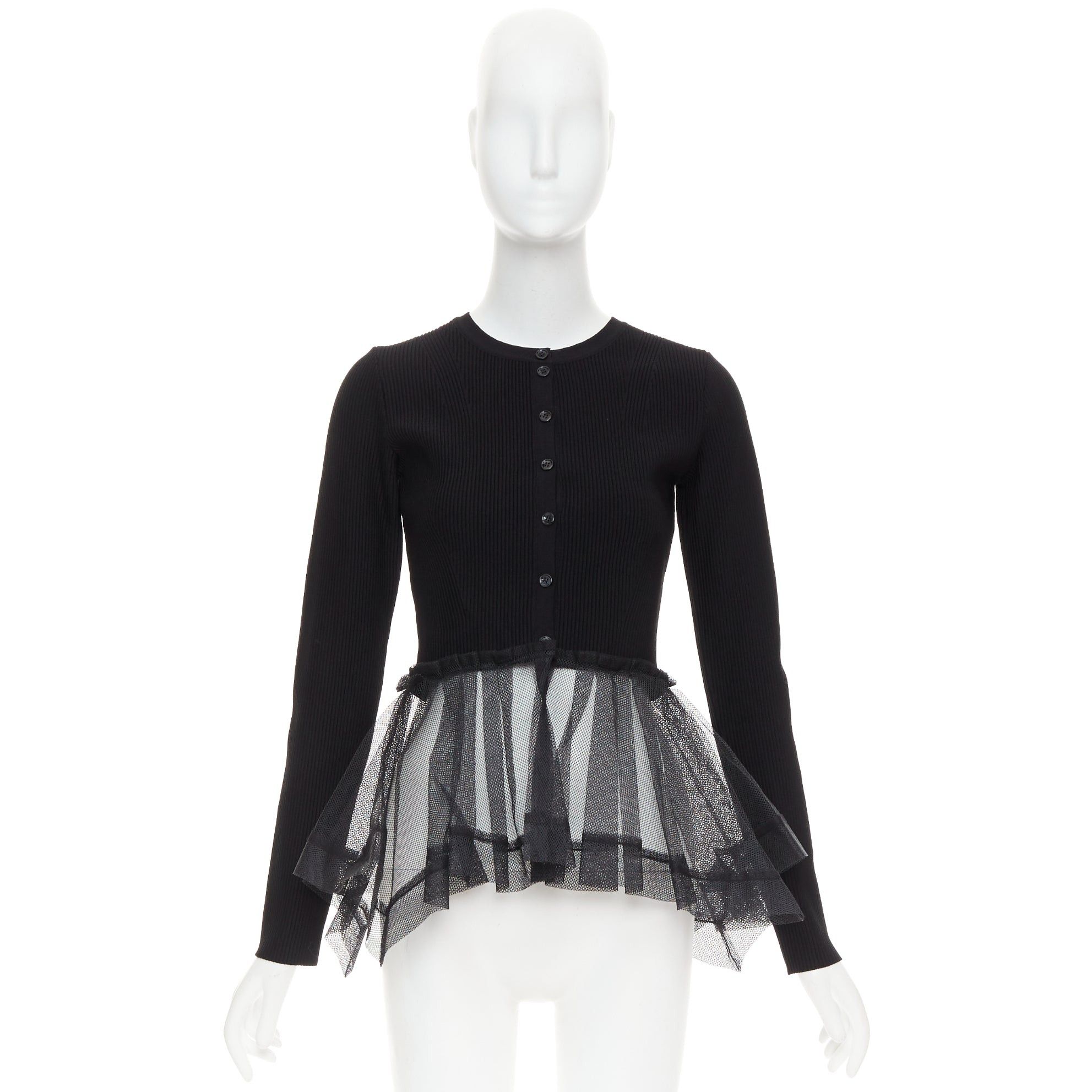 Alexander McQueen ALEXANDER MCQUEEN 2023 black ribbed stiff sheer tulle peplum cardigan sweater S Size S / US 4 / IT 40 - 9 Thumbnail