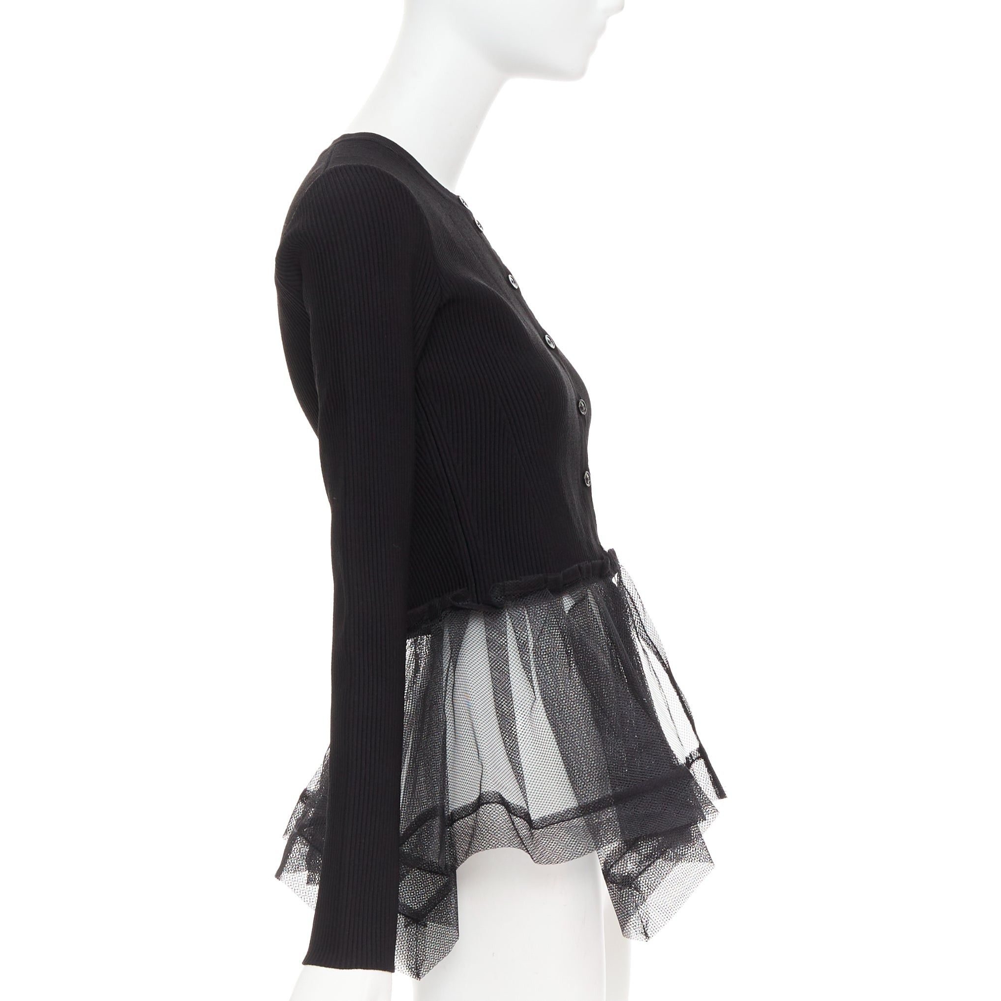 Alexander McQueen ALEXANDER MCQUEEN 2023 black ribbed stiff sheer tulle peplum cardigan sweater S Size S / US 4 / IT 40 - 4 Thumbnail