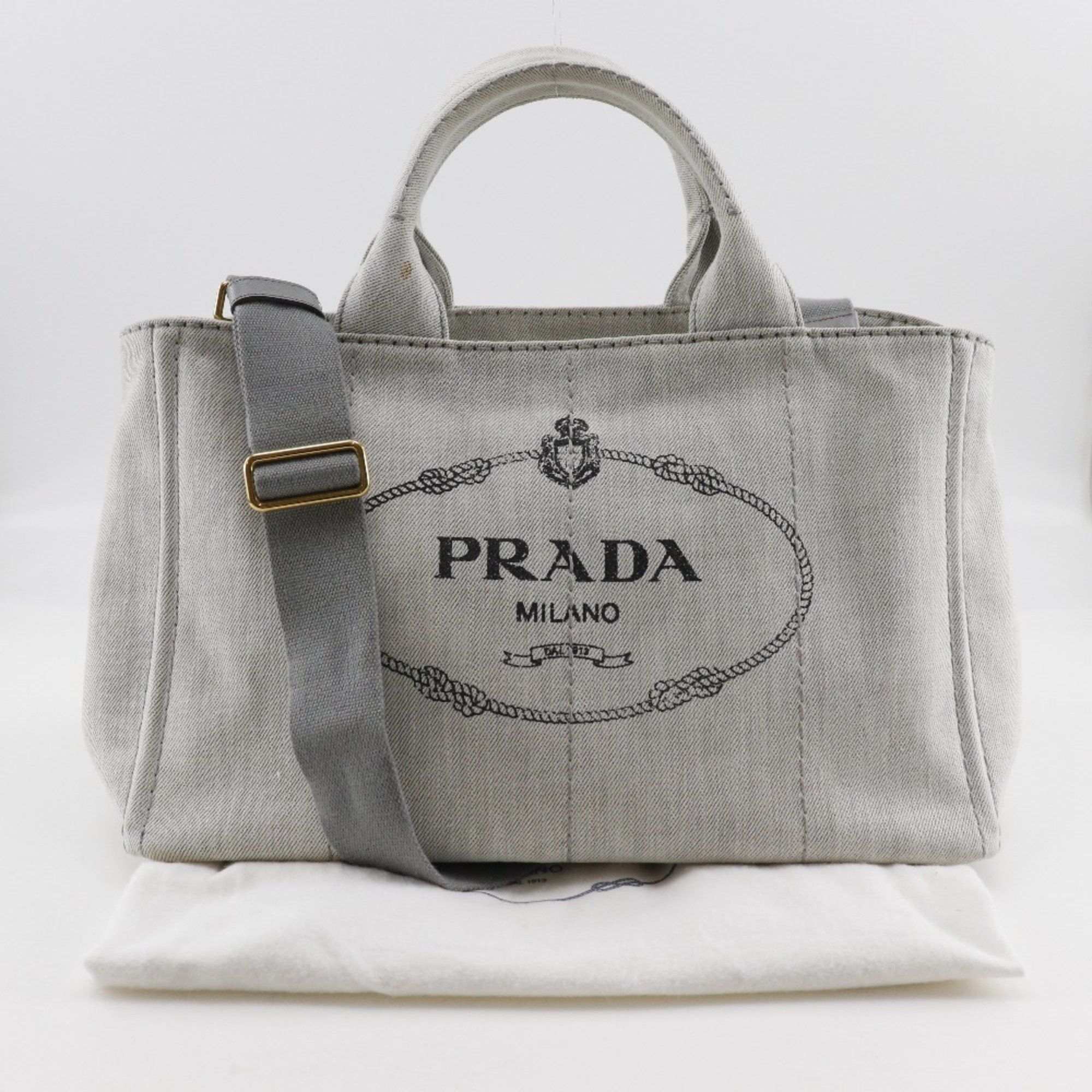 Prada Prada Canapa Handbag with Triangle Plate, 1BG439, Light Gray Denim, 2-Way, Women's Size ONE SIZE - 17 Thumbnail