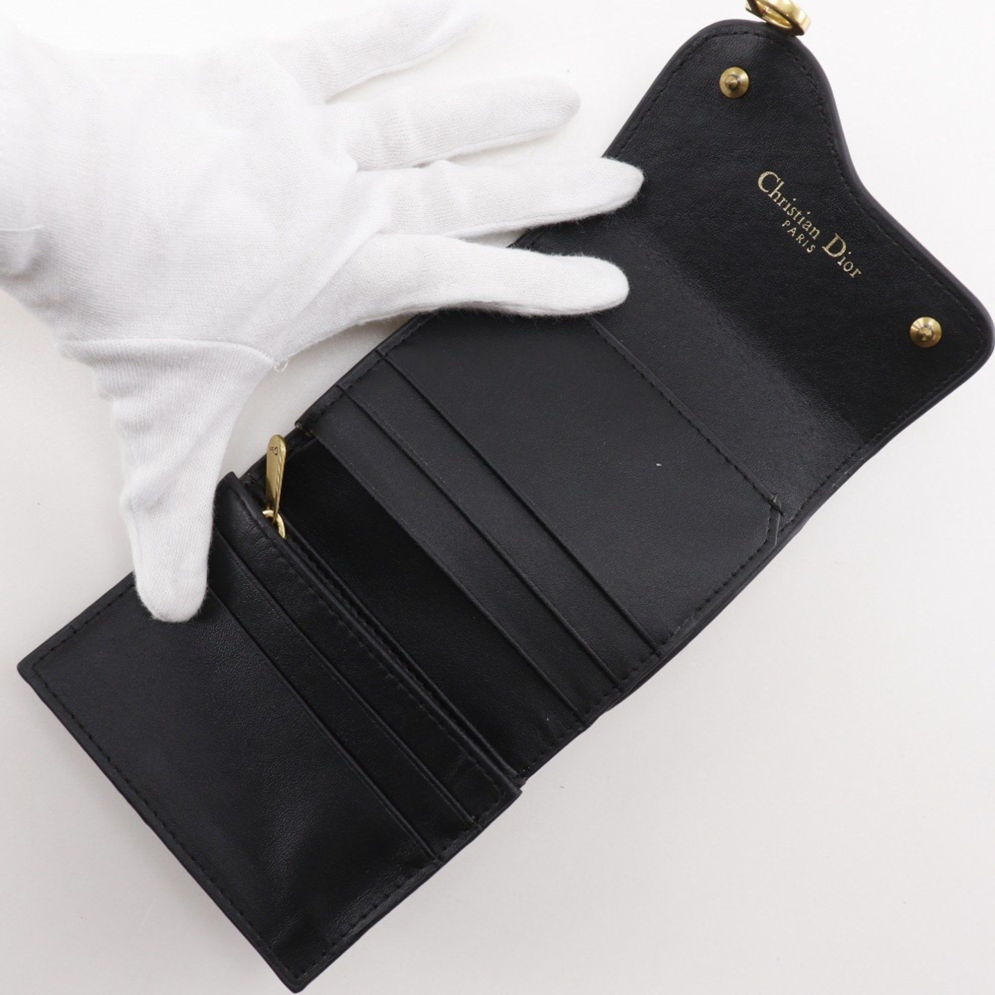 Dior Christian Dior Dior Compact Wallet, Tri-fold Calfskin, Black, Snap Button, Women's Size ONE SIZE - 5 Thumbnail