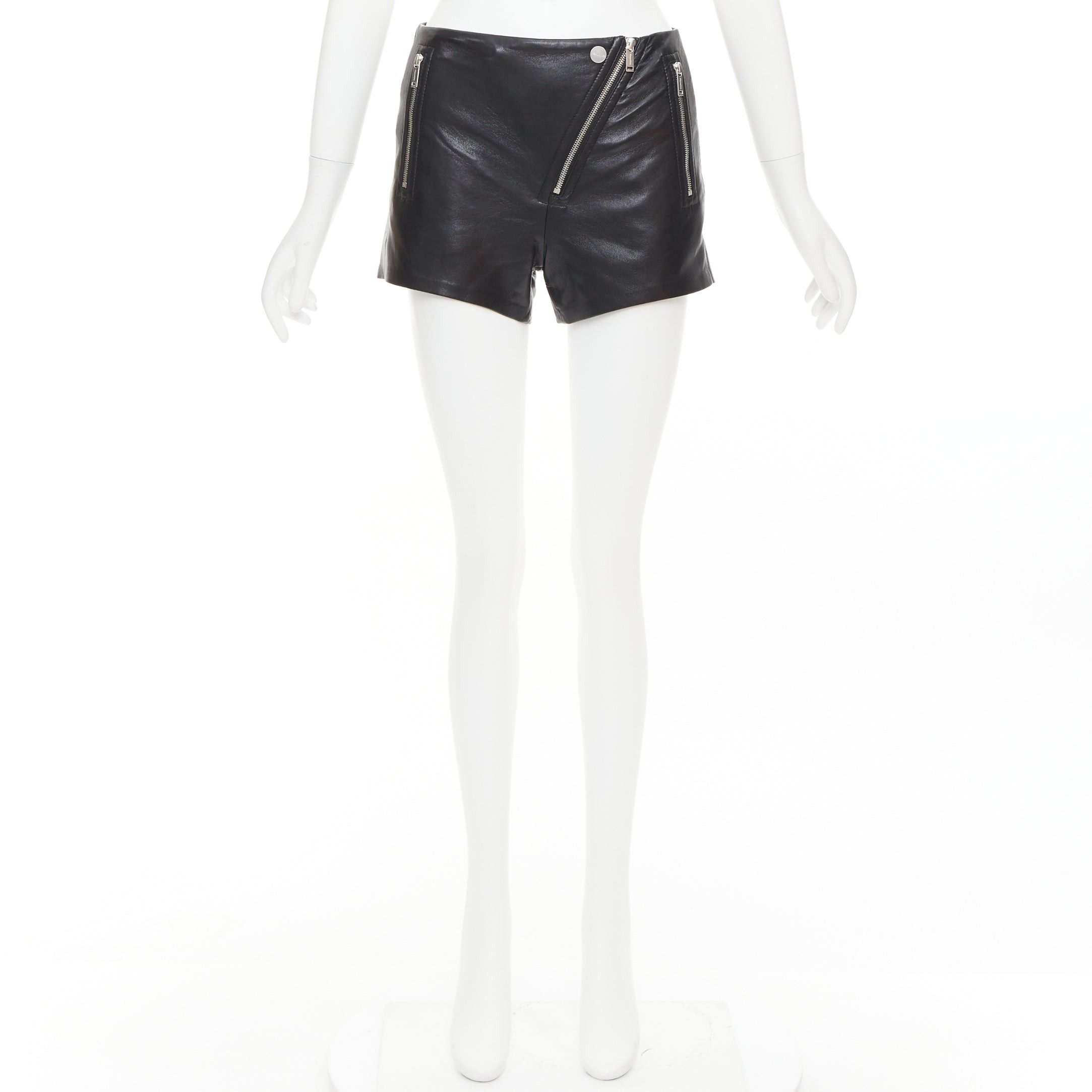 Nanushka NANUSHKA black faux leather diagonal zip short mini biker shorts XXS Size 25" / US 0 / IT 36 - 9 Thumbnail