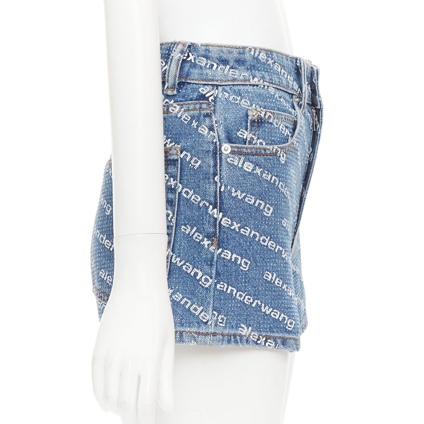 Alexander Wang ALEXANDER WANG Bite blue denim crystal rhinestone hotfix logo mini shorts 25" Size 27" / US 4 / IT 40 - 4 Thumbnail