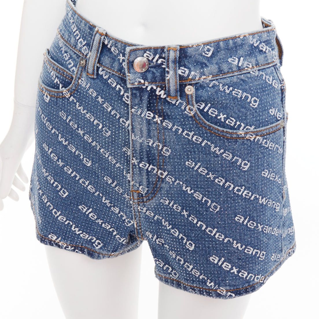 Alexander Wang ALEXANDER WANG Bite blue denim crystal rhinestone hotfix logo mini shorts 25" Size 27" / US 4 / IT 40 - 7 Thumbnail