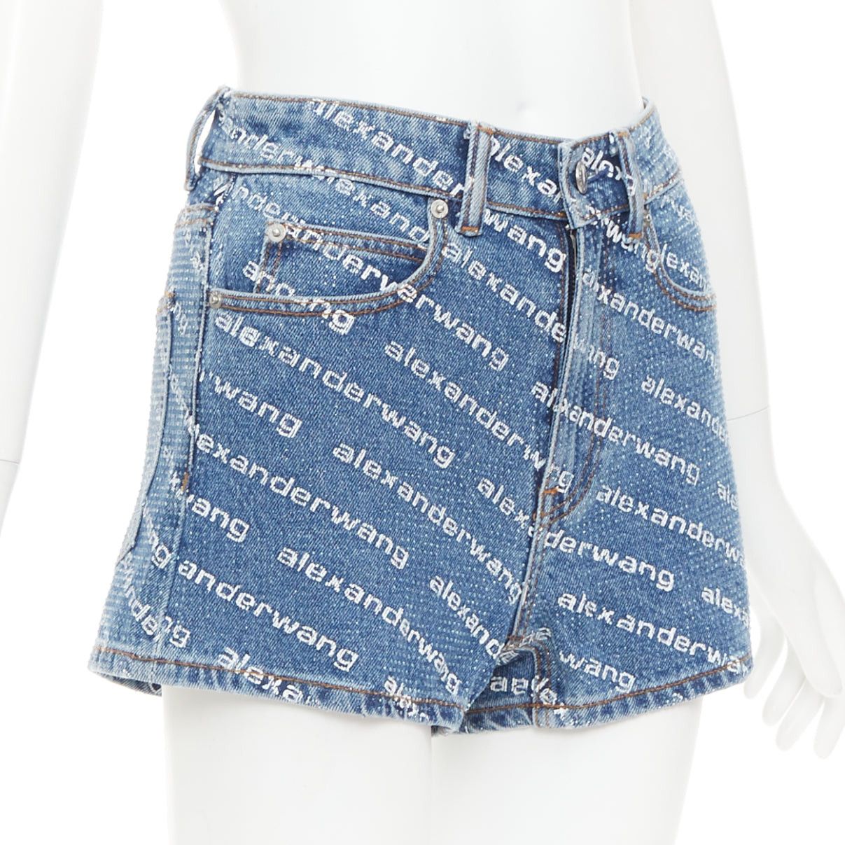 Alexander Wang ALEXANDER WANG Bite blue denim crystal rhinestone hotfix logo mini shorts 25" Size 27" / US 4 / IT 40 - 3 Thumbnail
