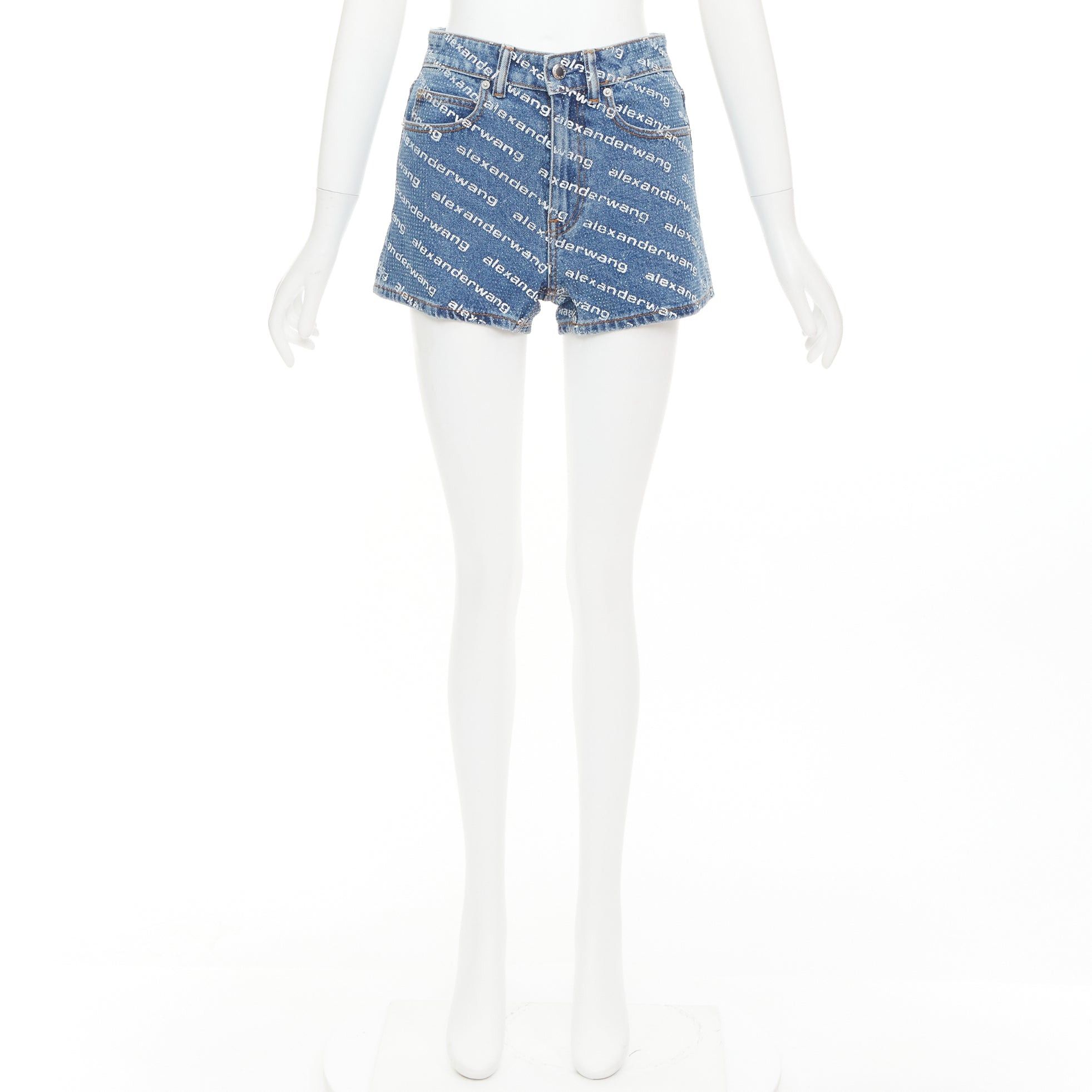 Alexander Wang ALEXANDER WANG Bite blue denim crystal rhinestone hotfix logo mini shorts 25" Size 27" / US 4 / IT 40 - 9 Thumbnail